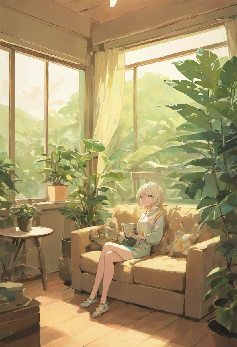 In the large bright living room,carding、Coffee table minimalist style,In the middle is a large pot of white monstera、Ficus chinensis、Tropical plants