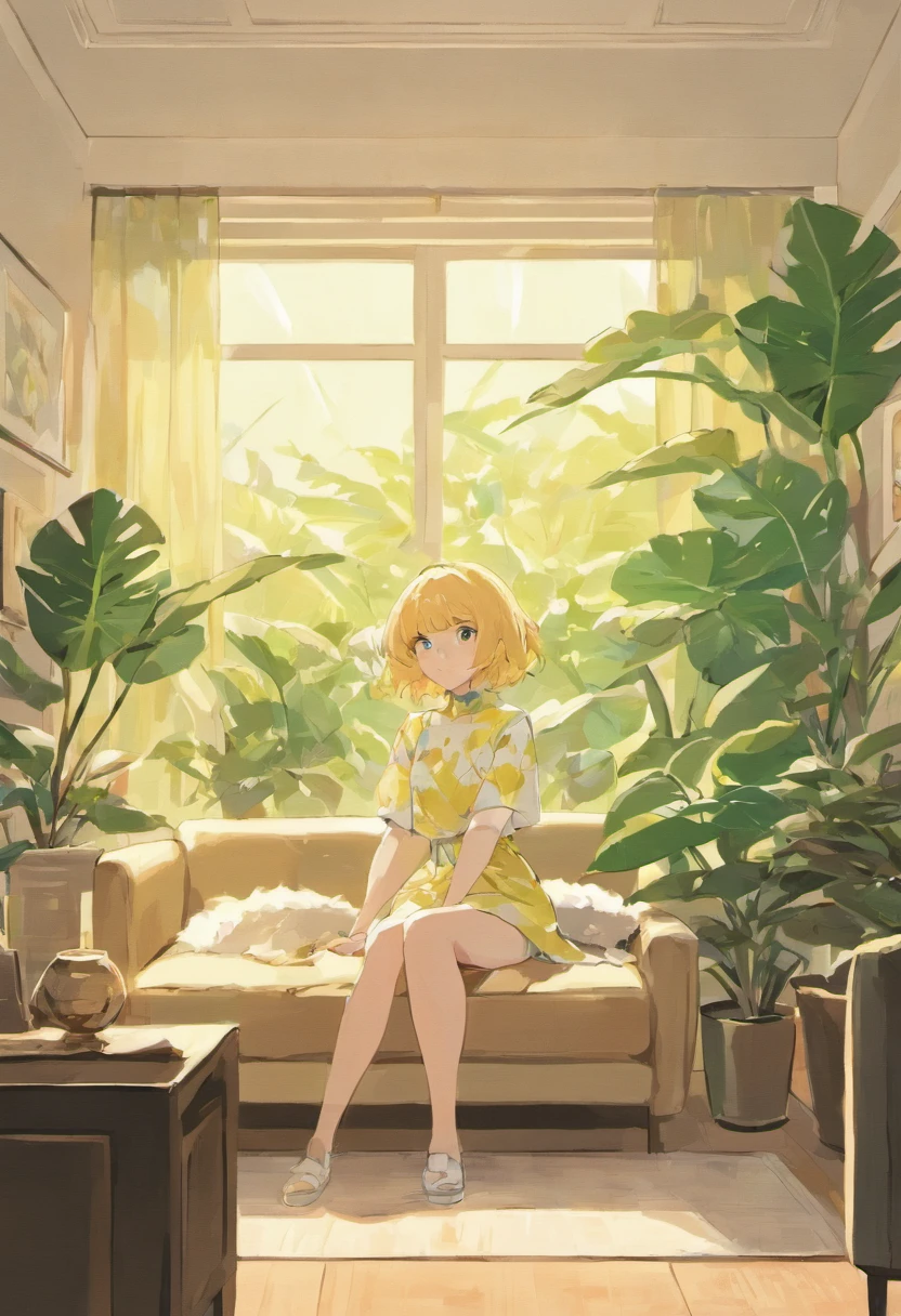 In the large bright living room，carding、Coffee table minimalist style，In the middle is a large pot of white monstera、Ficus chinensis、Tropical plants