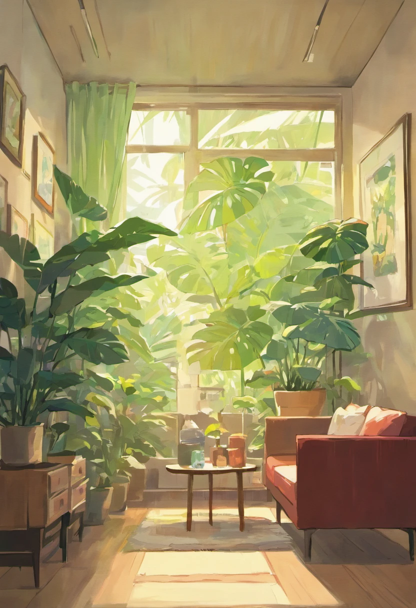 In the large bright living room,carding、Coffee table minimalist style,In the middle is a large pot of white monstera、Ficus chinensis、Tropical plants
