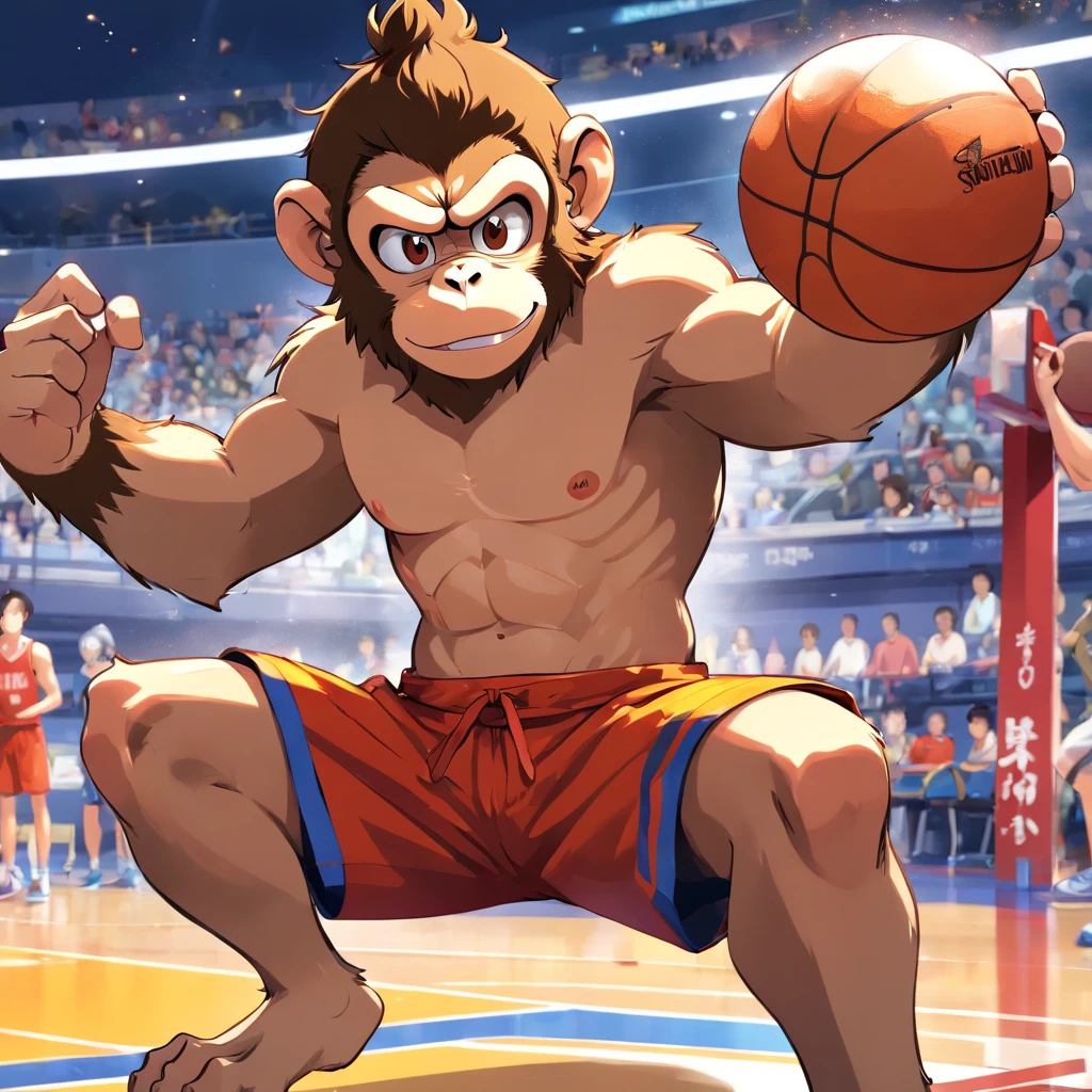 (Bench press Monkey King paints fiercely in the basketball white ball in hand gym.)