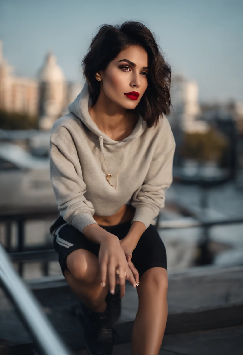 Best Quality++, Ultra-detailed+, Dynamic Angle,Beautiful girl lips, slim, slender, Big breasts,Silver inner color black hair, Short hair, Shiny hair, Bangs, center parted hair, Gold necklace, earrings, wrist watch, Sweatpants, Hoodie, Hands in pockets, Looking Up, city, Blue sky, Looks dazzling, Inner Good,gal make, eye line, eyeshadows, Red Lipstick, cheek