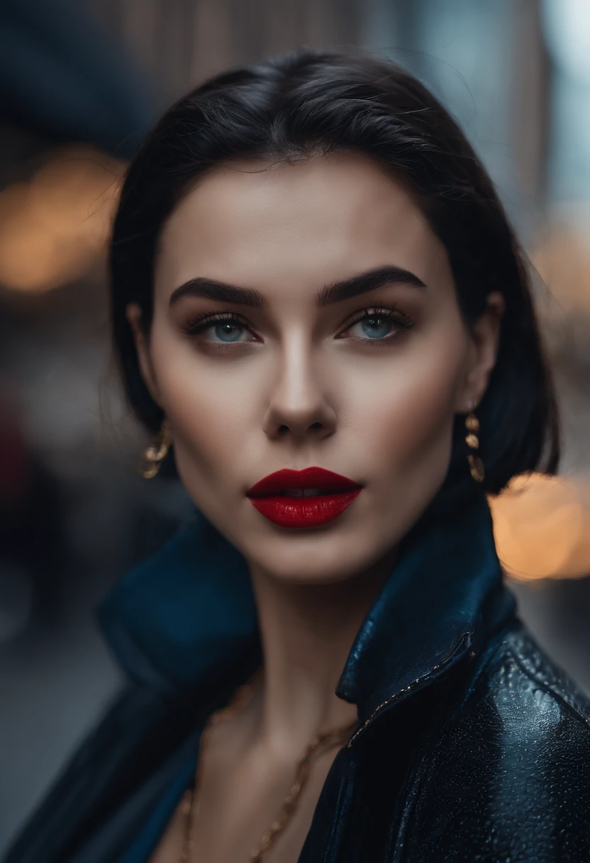 Best Quality++, Ultra-detailed+, Dynamic Angle,Beautiful girl lips, slim, slender, Big breasts,Silver inner color black hair, Short hair, Shiny hair, Bangs, center parted hair, Gold necklace, earrings, wrist watch, Sweatpants, Hoodie, Hands in pockets, Looking Up, city, Blue sky, Looks dazzling, Inner Good,gal make, eye line, eyeshadows, Red Lipstick, cheek