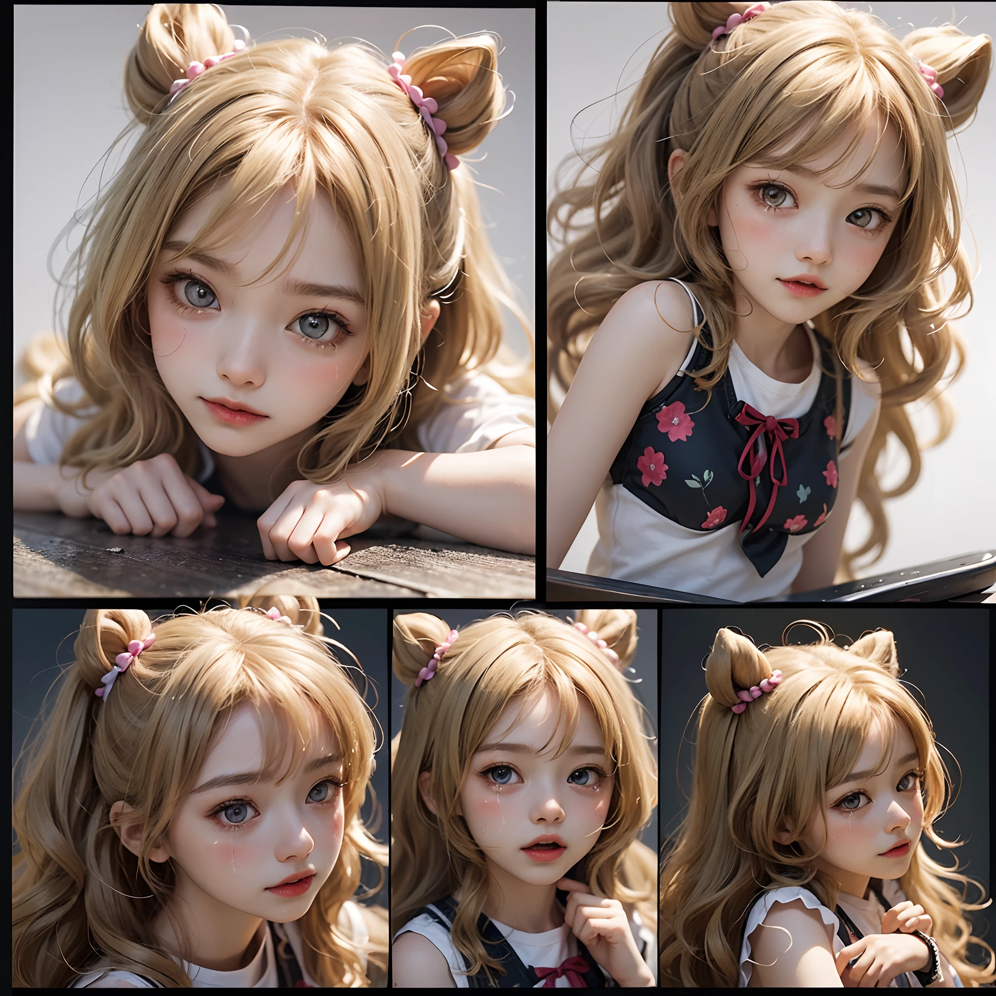 A lovely little blonde hair girl,  red eyes, screenshot, mori kei, duckcore plush doll art,exaggerated poses, happy, angry, sad, cry, cute, expecting,laughing, disappointed, exaggerated movements, various expressions and movements, sticker art design, white background,style cute --auto --s2