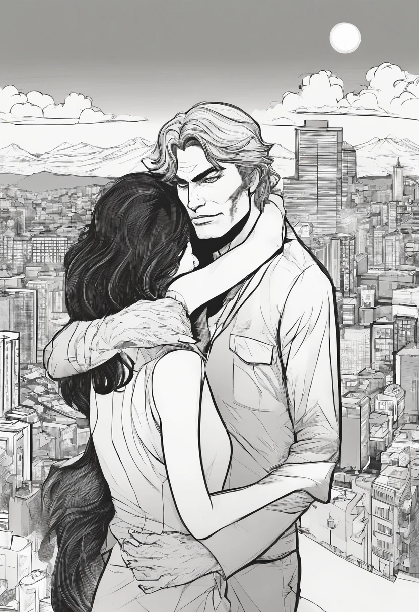 black and white masterpiece of a  werewolf holding the woman he looves, simple background of city, line art, heavy outlines, white and black
