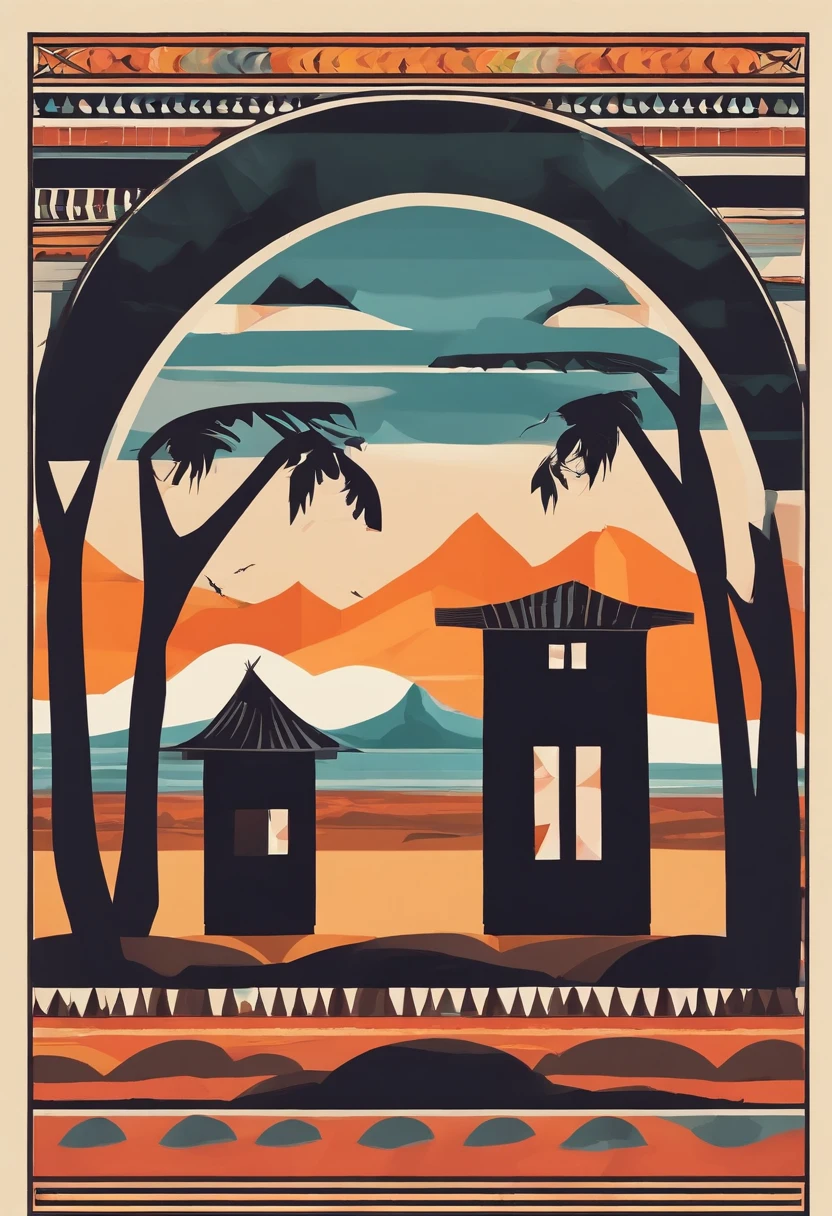 painting of an african traditional huts, sunset, near the lake, musty, by picasso