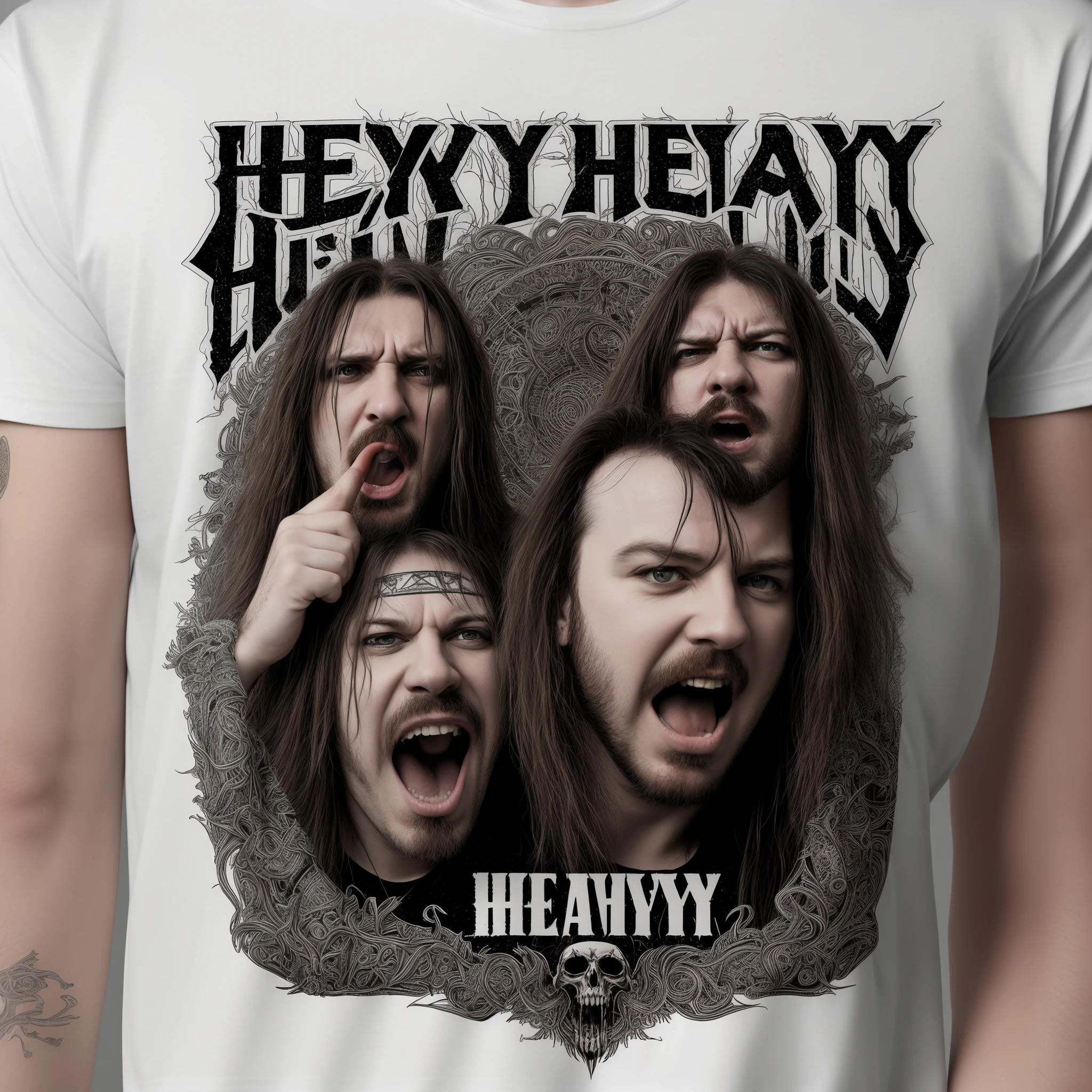 t-shirt design, with pictures of heavy-metal band playing music, add text: "HEAVY METAL!", intricate details, highres, masterpiece, 8k resolution