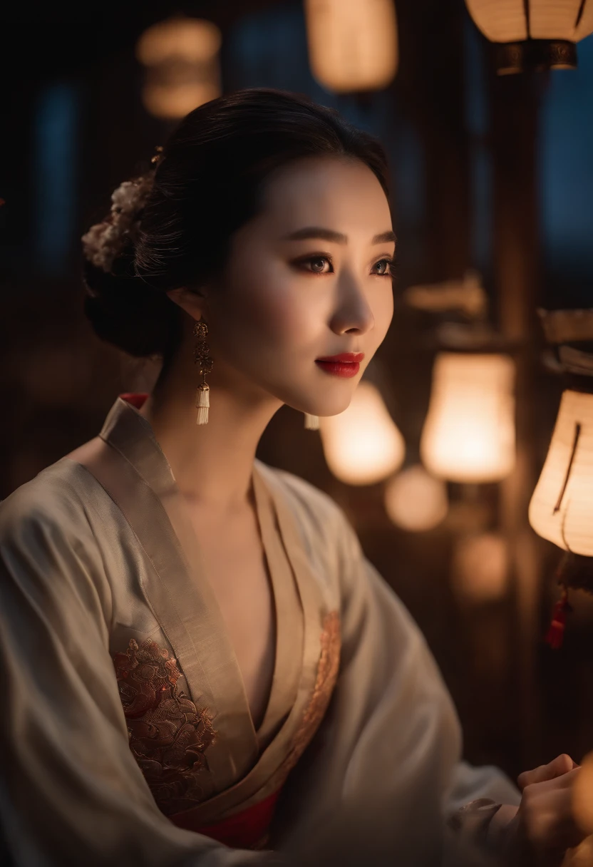 1womanl, 24 years of age,Chinese Beauty,((Focus above the thighs)),Star-studded beauty,Chinese costumes,Ancient Chinese court architecture,Chinese elements,the night,Countless lanterns,Front lighting,