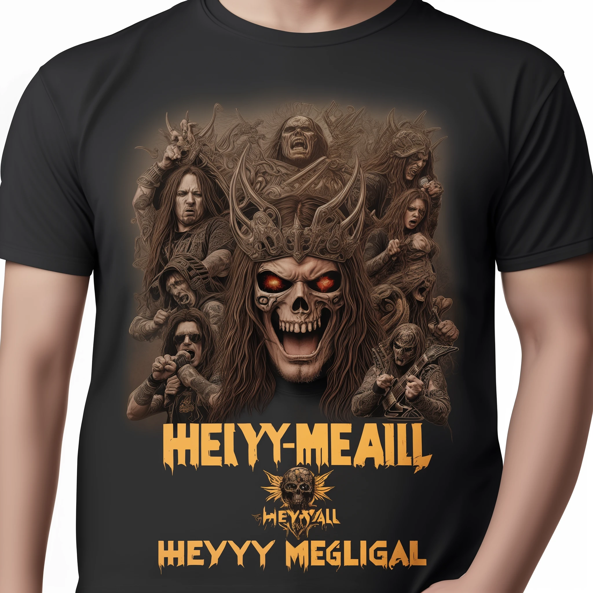 t-shirt design, with pictures of heavy-metal band playing music, add text: "HEAVY METAL!", intricate details, highres, masterpiece, 8k resolution