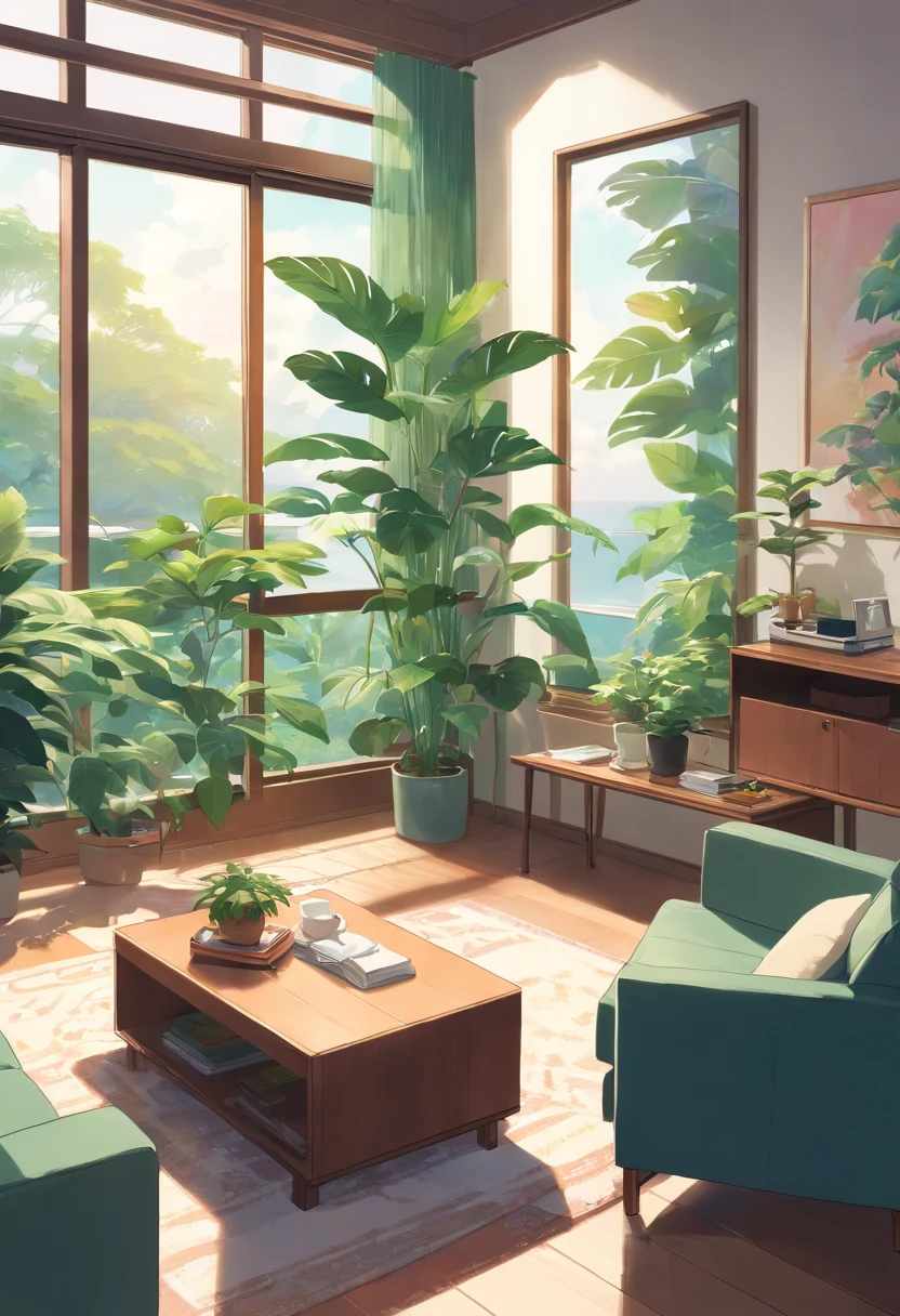 In the large bright living room，carding、Coffee table minimalist style，In the middle is a large pot of white monstera、Ficus chinensis、Tropical plants