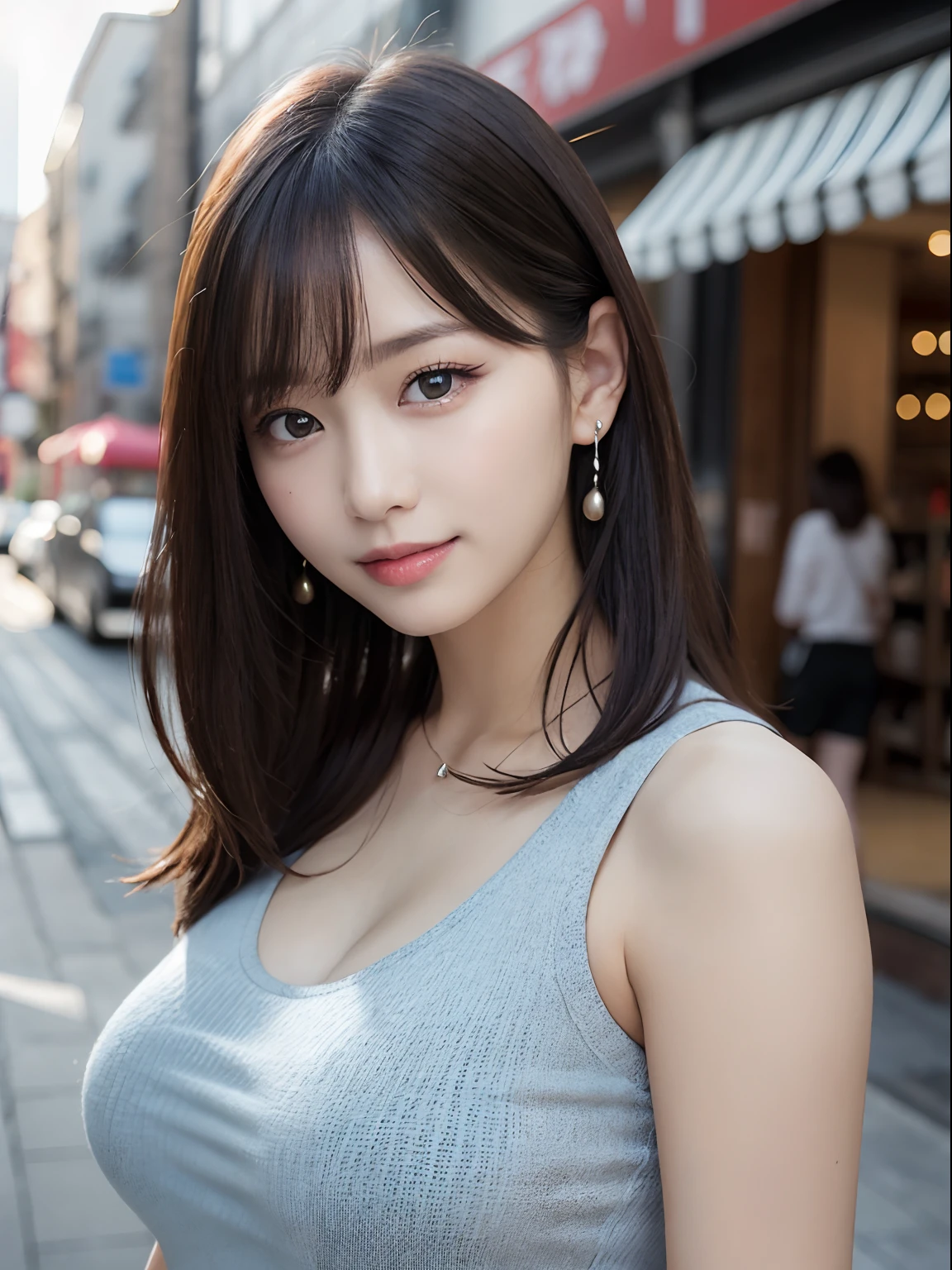masutepiece, Best Quality, Photorealsitic, finely detail, hight resolution, 8K Wallpapers, Perfect dynamic composition, Beautiful detailed eyes, Medium Hair, large full breasts, Random and sexy poses,Random situations、Tight tank top knit shirt、Beautiful breast bulge、A smile、Old English cityscape、25-years old、drooing eyes、Adult beauty、natural make up、japanes、Black eyes