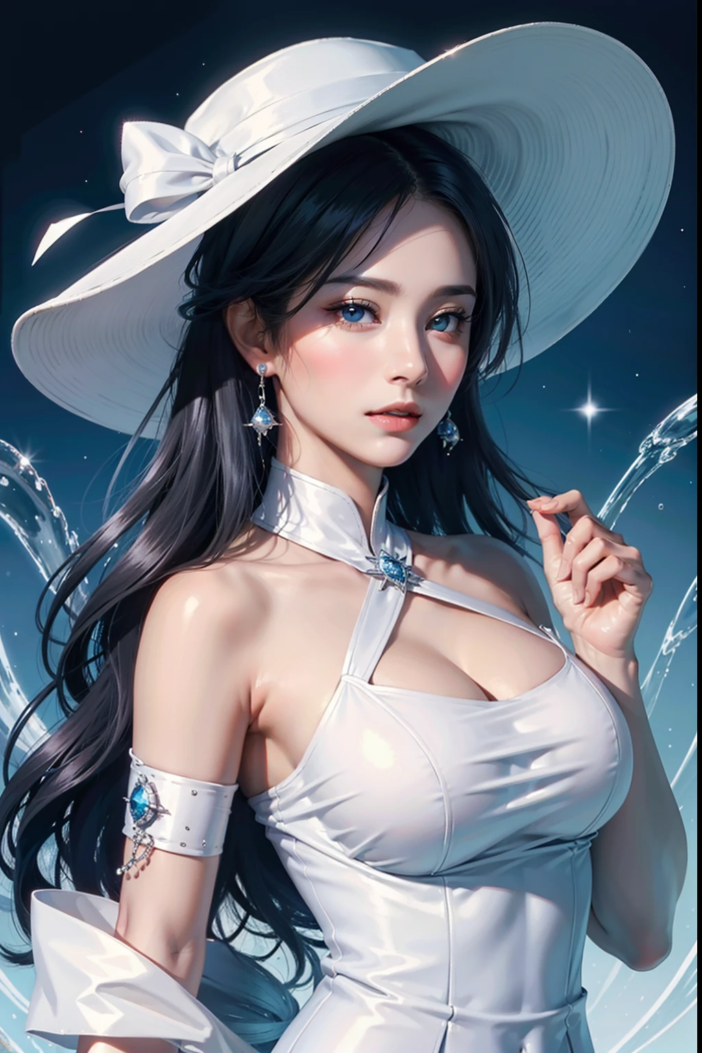 Sexy beautiful woman with a perfectly proportioned face, realistic facial expression, long black hair, light blue eyes, pale skin, wearing a black robe with intricate decorations, witch, confident expression (dynamic Angle, dazzling blue eyes, delicate necklace, charming smile), (magic mystical background, fireflies, glowing particles, ethereal fog, faint darkness), high saturation, movie light, edge light, best shadow