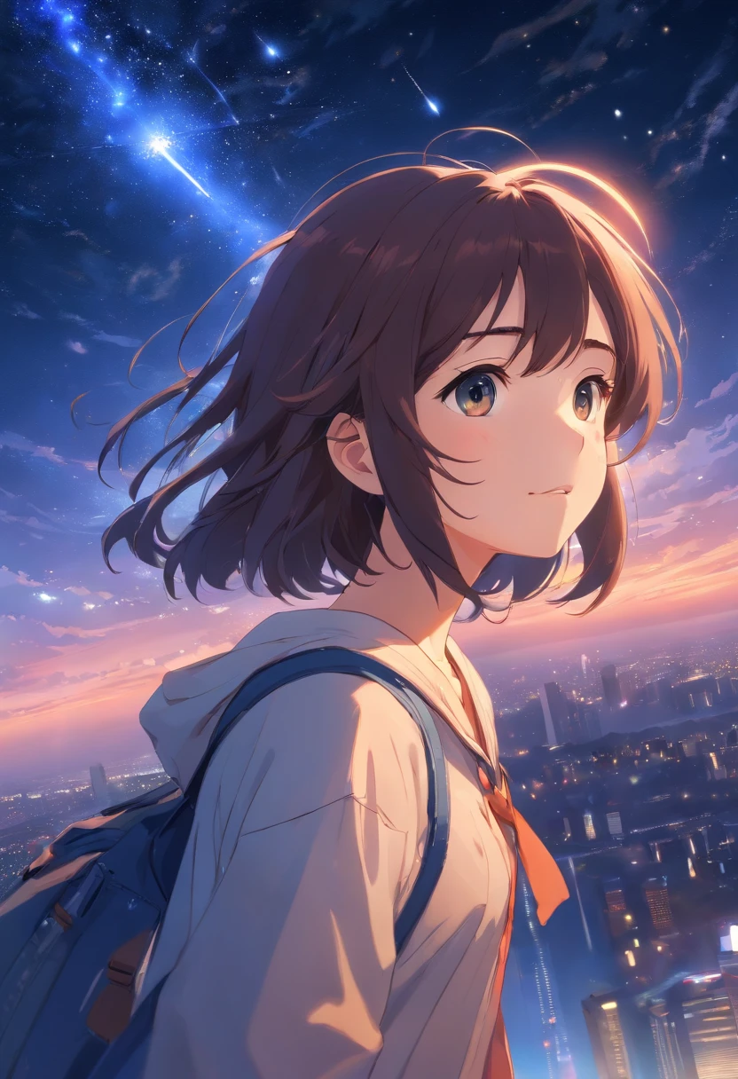 ​masterpiece、top-quality、Movie stills、1girl in、Starry Sky Maiden、floating in sky、a closeup、发光、Happiness、Warm and soft lighting、dark night、fireflys(Spark:0.7)、