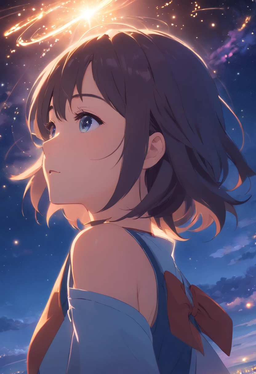 ​masterpiece、top-quality、Movie stills、1girl in、Starry Sky Maiden、floating in sky、a closeup、发光、Happiness、Warm and soft lighting、dark night、fireflys(Spark:0.7)、