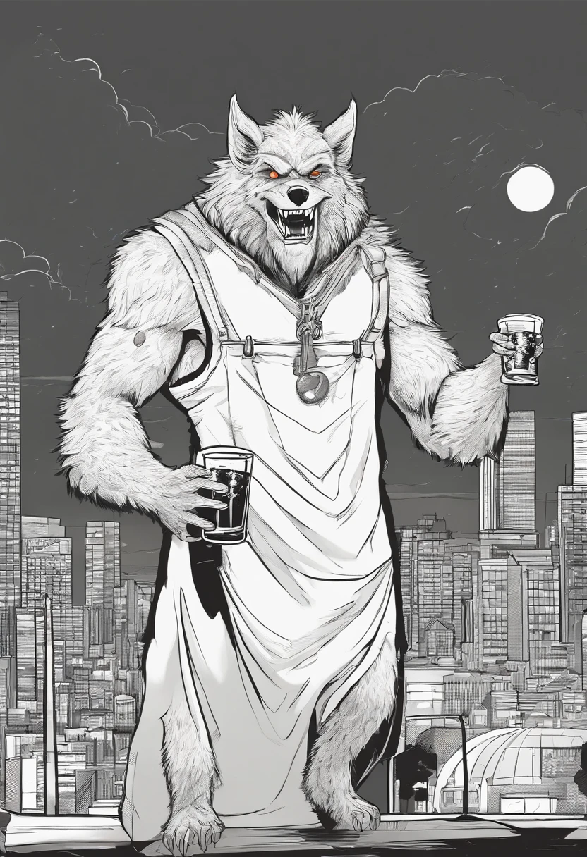 black and white masterpiece of a drunk werewolf with a beer, simple background of city, line art, heavy outlines, white and black