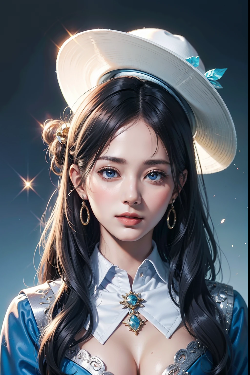 Gossip Diagram，Yin and Yang Eyes，taijitu，Woman，conservative clothing，Poor milk，(Wearing a big hat)，Blue Crane，Wearing blue and red and white princess dresses，upper body close - up，Close-up photos，jewely，Vision of Heaven and Earth，Diamond，carp，The background is the Milky Way，solar system、appearance々Pose