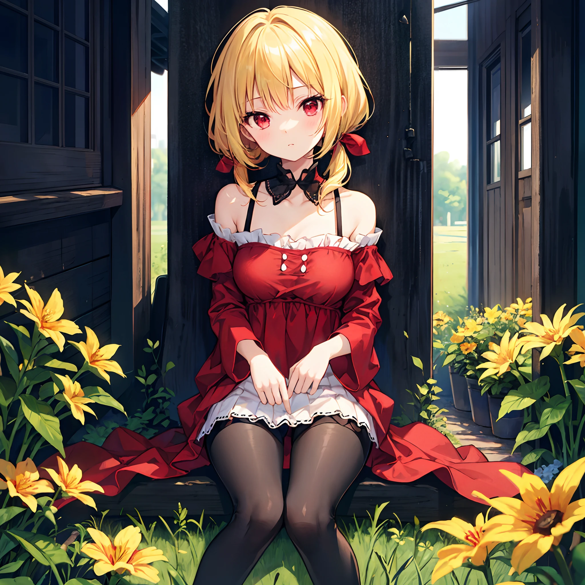 a blond、poneyTail、red eyes、Beautiful girl alone、Bright red dress、off shoulders、a miniskirt、Black tights、sitting on、flower field