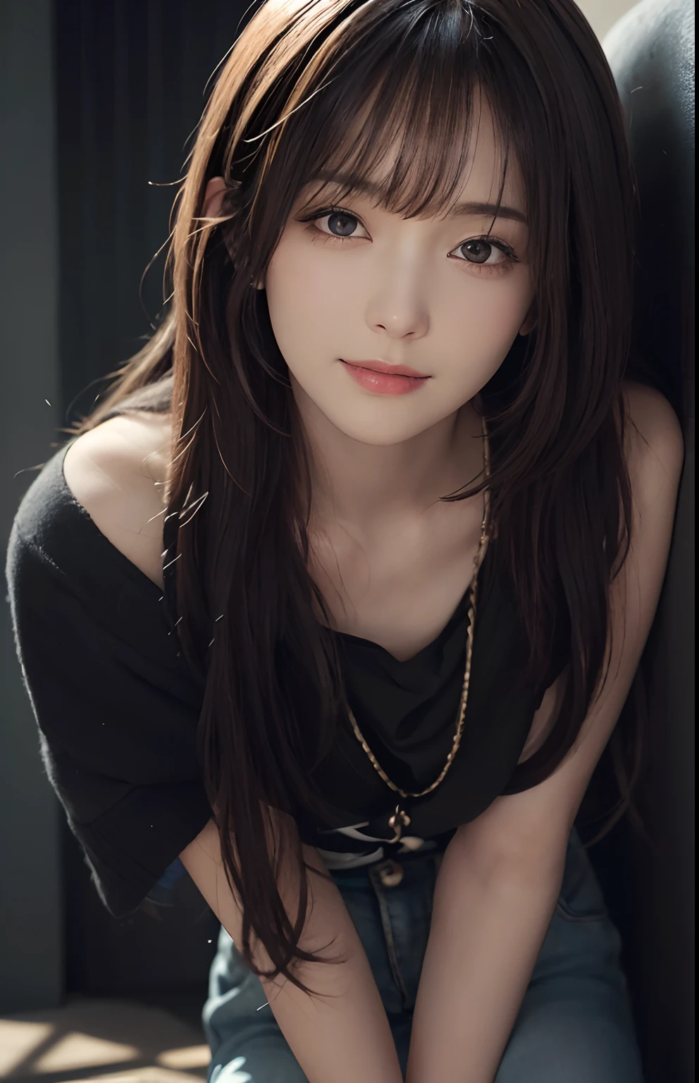 (Ultra Realistic), (Illustration), (High Resolution), (8K), (Very Detailed), (Best Illustration), (Beautiful and Detailed Eyes), (Best Quality), (Ultra Detailed), (Masterpiece), (Wallpaper), (Detailed Face), Solo, One Girl, Viewer, Fine Detail, Detailed Face, In the Dark, Deep Shadows, Low Key, pureerosfaceace_v1, Smile, Long Hair, Black shawl straight hair, 46-point diagonal bangs, full body, legs open