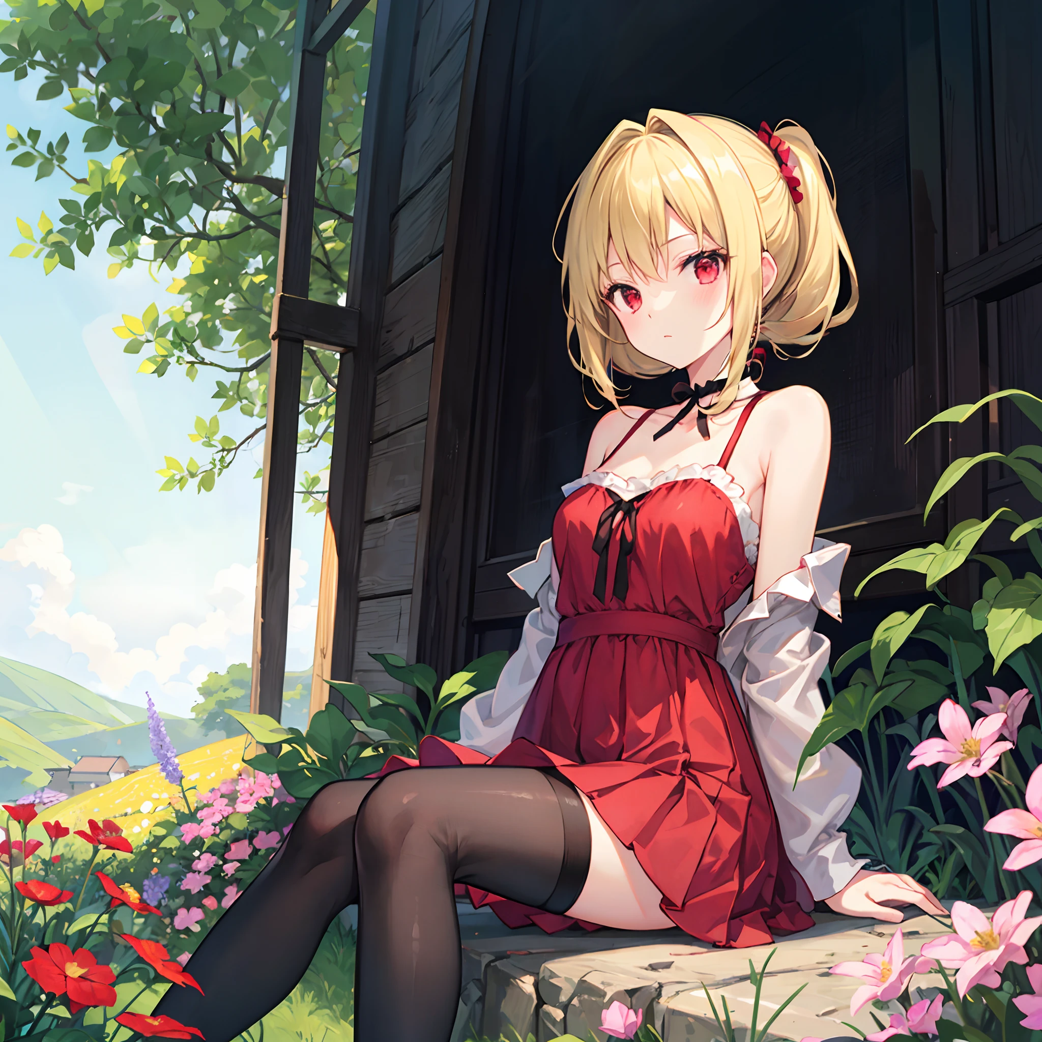 a blond、poneyTail、red eyes、Beautiful girl alone、Bright red dress、off shoulders、a miniskirt、Black tights、sitting on、flower  field