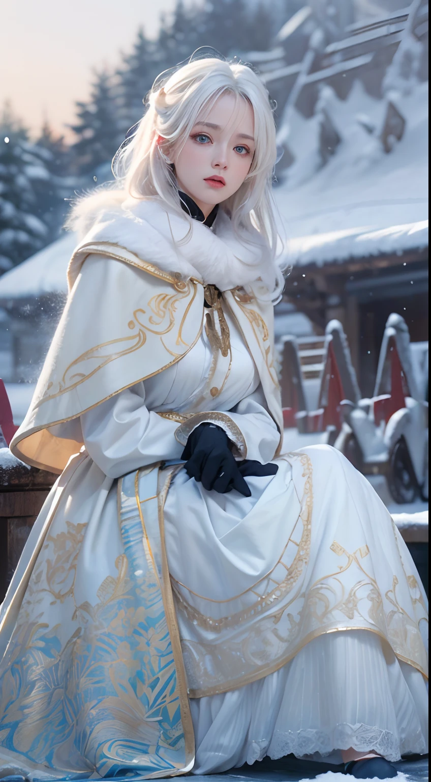 (8K, RAW photo, Photorealistic:1.4)， high resolution, 1 Women, Solo,。.。.。.。.。.3D，Sitting,(Lolita costume)，Wear a flowing skirt， Beautiful eyes, White hair, ringed eyes, (sitted，Cloak，Heavy snow)，snowfield