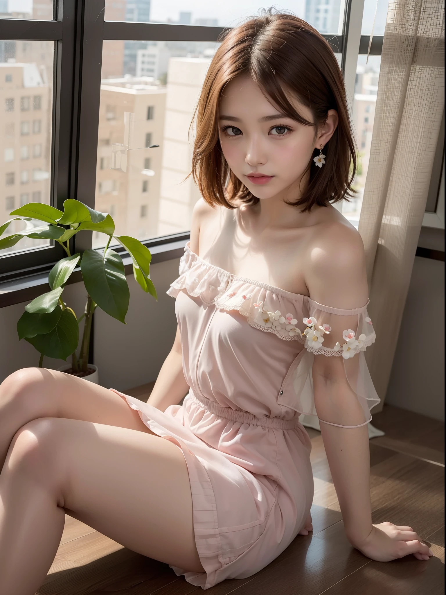 ((of the highest quality, 8K, masutepiece: 1.3, Raw photo)), Sharp Focus: 1.2, (1 AESPA Girl :1.1), Solo, (Realistic, Photorealistic: 1.37), (Face Focus: 1.1), Cute face, hyperdetailed face, Short messy hair, Small Smile, Small breasts, flat chest, nude, (off shoulder chiffon dress: 1.3), chiffon panties, sitting, Thigh, (Night office room: 1.2), flower, Cattleya