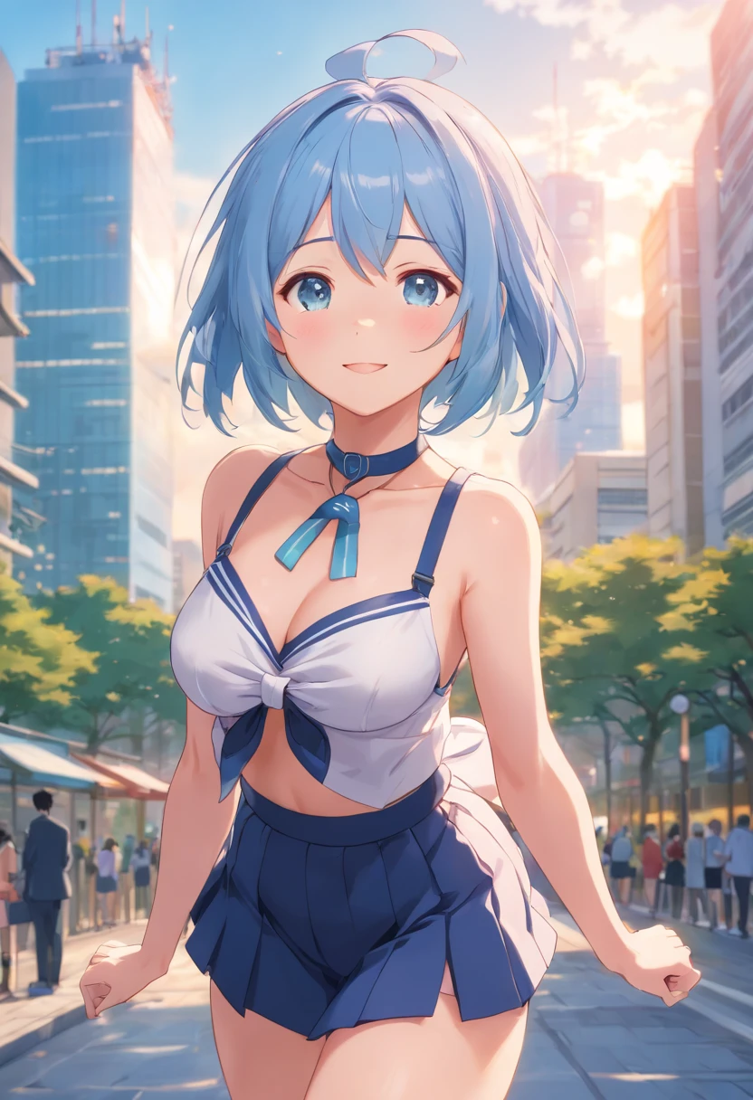 The chest is particularly large, schoolgirl, sailor school uniform, Japanese schoolgirl,
smiling, ((blushing)), close-up, pov, focused in face and chest, (Masterpiece, Top quality, Perfect anatomy, Beautiful face, Realistic, Super detailed, 1 girl, 18 Ears of Old Age solo, Depth of field, Canon 24mm lens, F1.4, Cute_Girl, neck choker, Clear facial features,, ((large breasts)), ((huge breasts)), ((bouncing breasts)), Slender height, 180cm tall, Barefoot, short light blue hair, blue eyes , Gravure pose, indoor, city park Blurred background, (uwabaki: 1.1576),