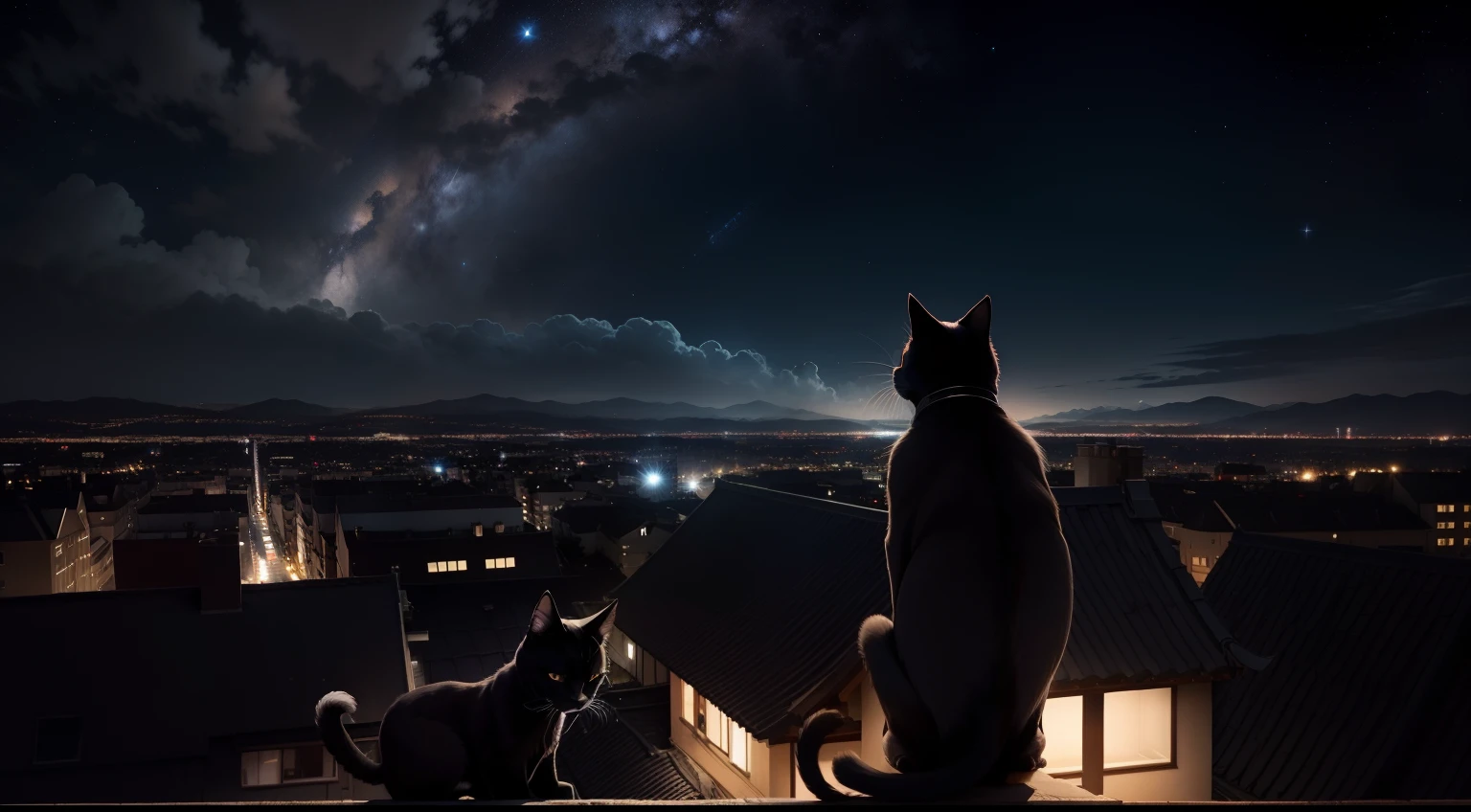 Silhouette of a black cat on the roof、beautiful cityscape、Beautiful starry sky、Western cityscape、