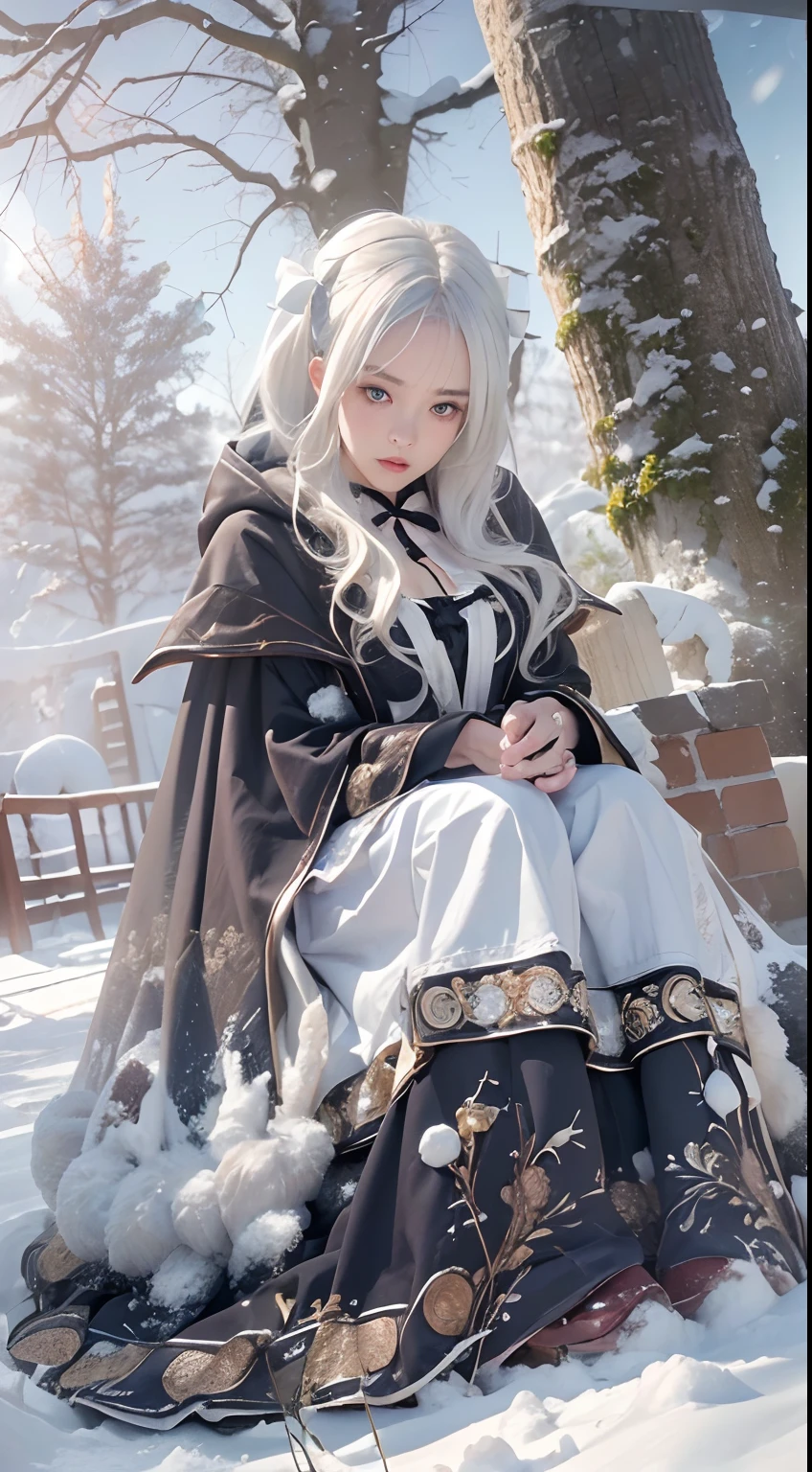 (8K, RAW photo, Photorealistic:1.4), high resolution, 1 Women, Solo,。.。.。.。.。.3D,Sitting,(ta costume),Wear a flowing skirt, Beautiful eyes, White hair, ringed eyes, (sitted,Cloak,Heavy snow),snowfield