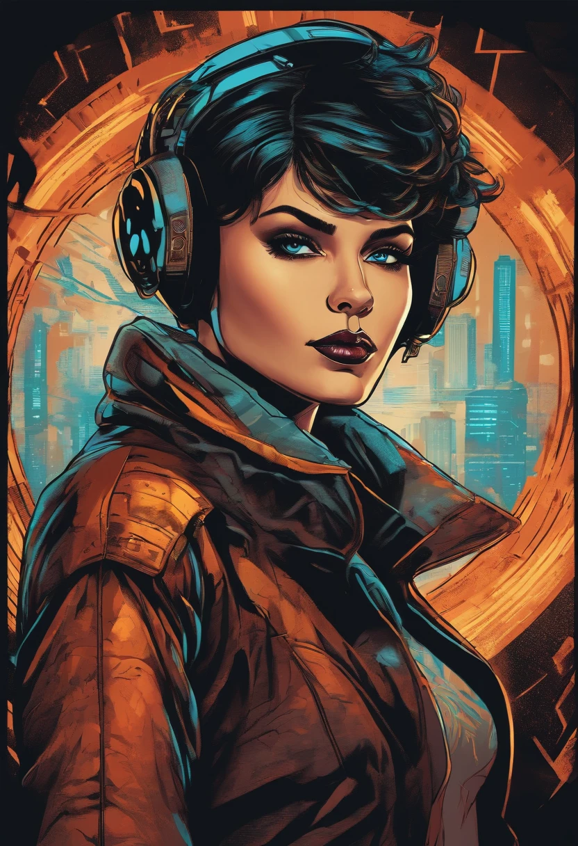 t-shirt design of a short haired cyberpunk girl comic book style