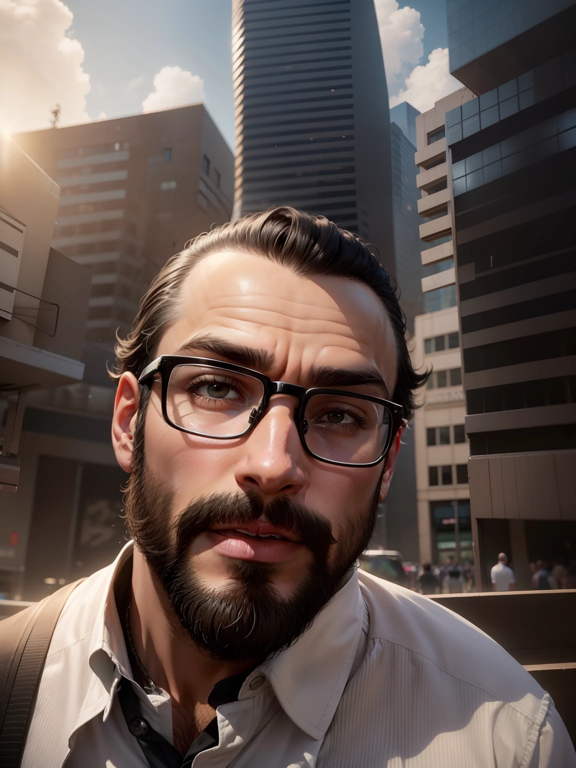 homem barba fechada, much more hair in baldness , , barba mais rala e negra, mais cabelo e negros, corte de cabelo Chanel de ponta, nariz delicado, slightly square jaw, olhando pro horizonte, with button-down shirt. Glasses and black frame. Younger appearance, less chin bottom subway station, testa sem ruga