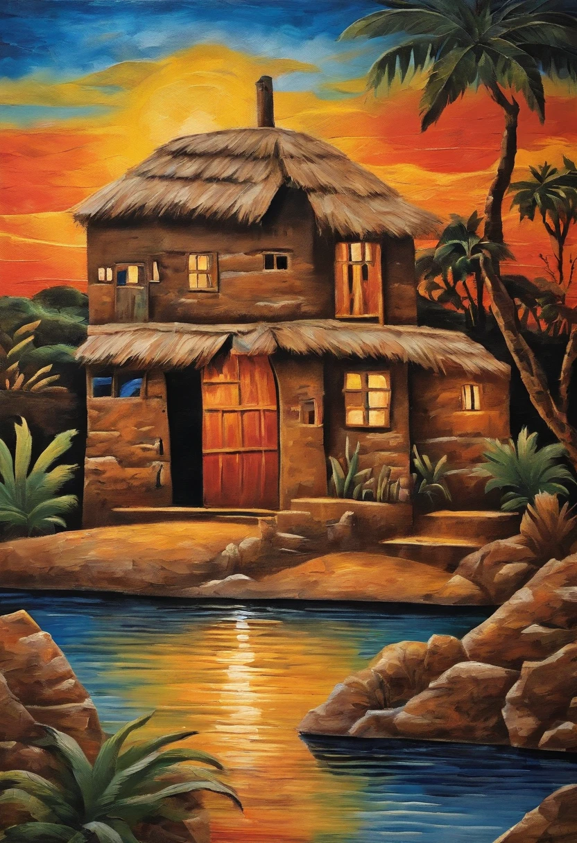 painting of an african traditional huts, sunset, near the lake, musty, by picasso