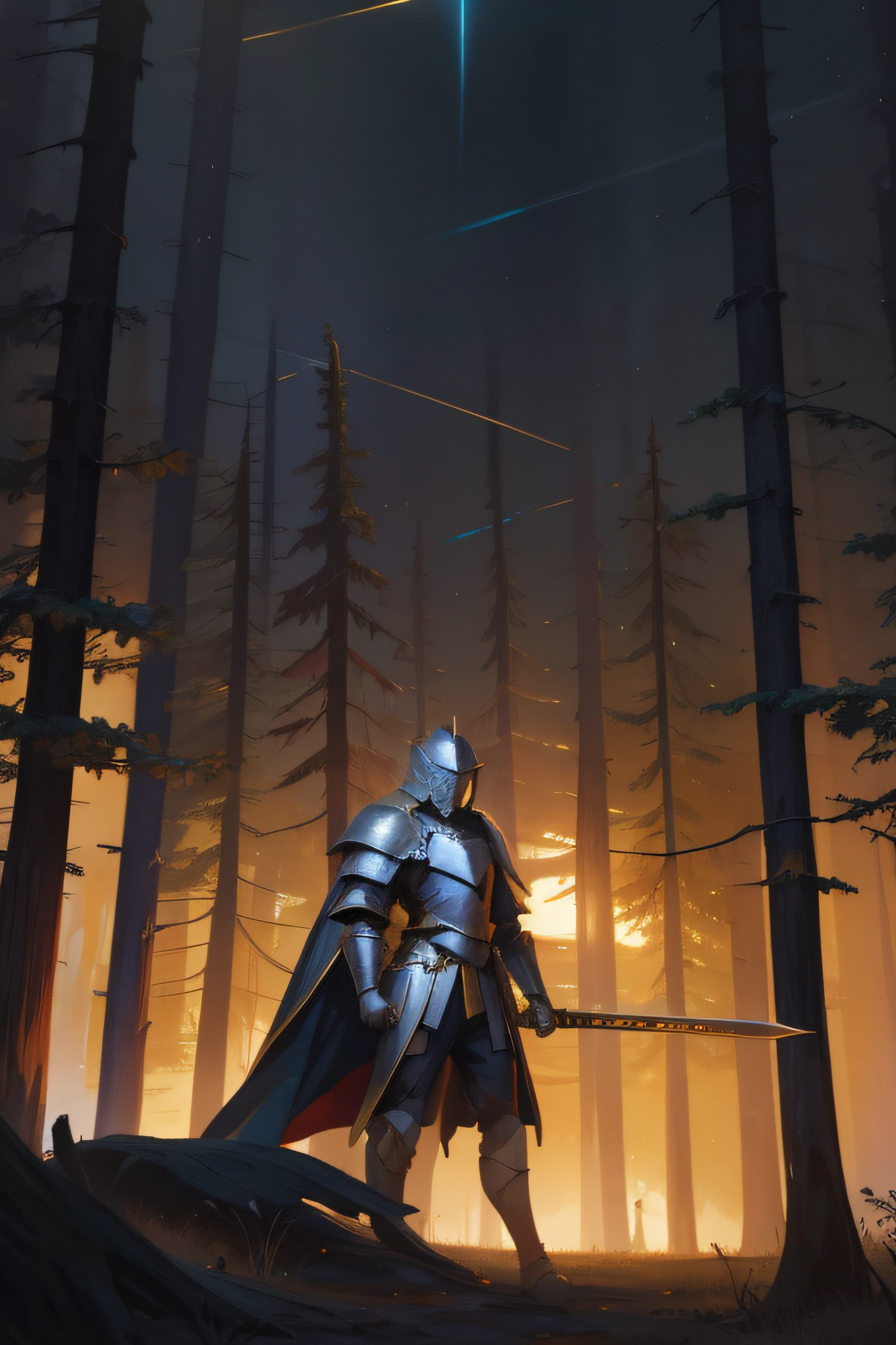 knight, iron armor , golden sword, Dark sky, dead trees,