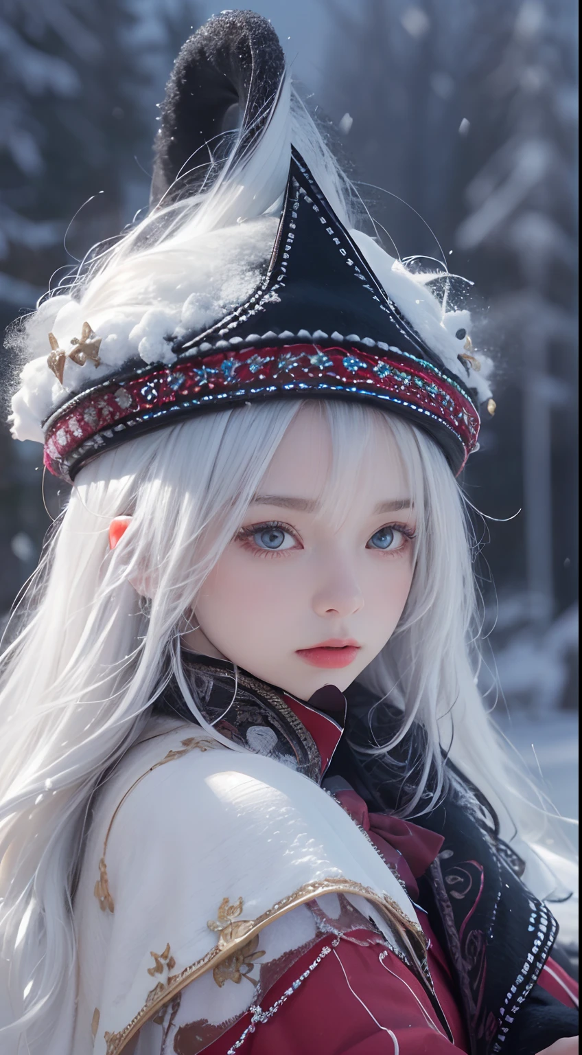 (8K, RAW photo, Photorealistic:1.4)， high resolution, 1 Women, Solo,。.。.。.。.。.。.3D，Sitting,(Lolita costume)，Wear a flowing skirt， Beautiful eyes, White hair, ringed eyes, (sitted，Cloak，Heavy snow)，snowfield