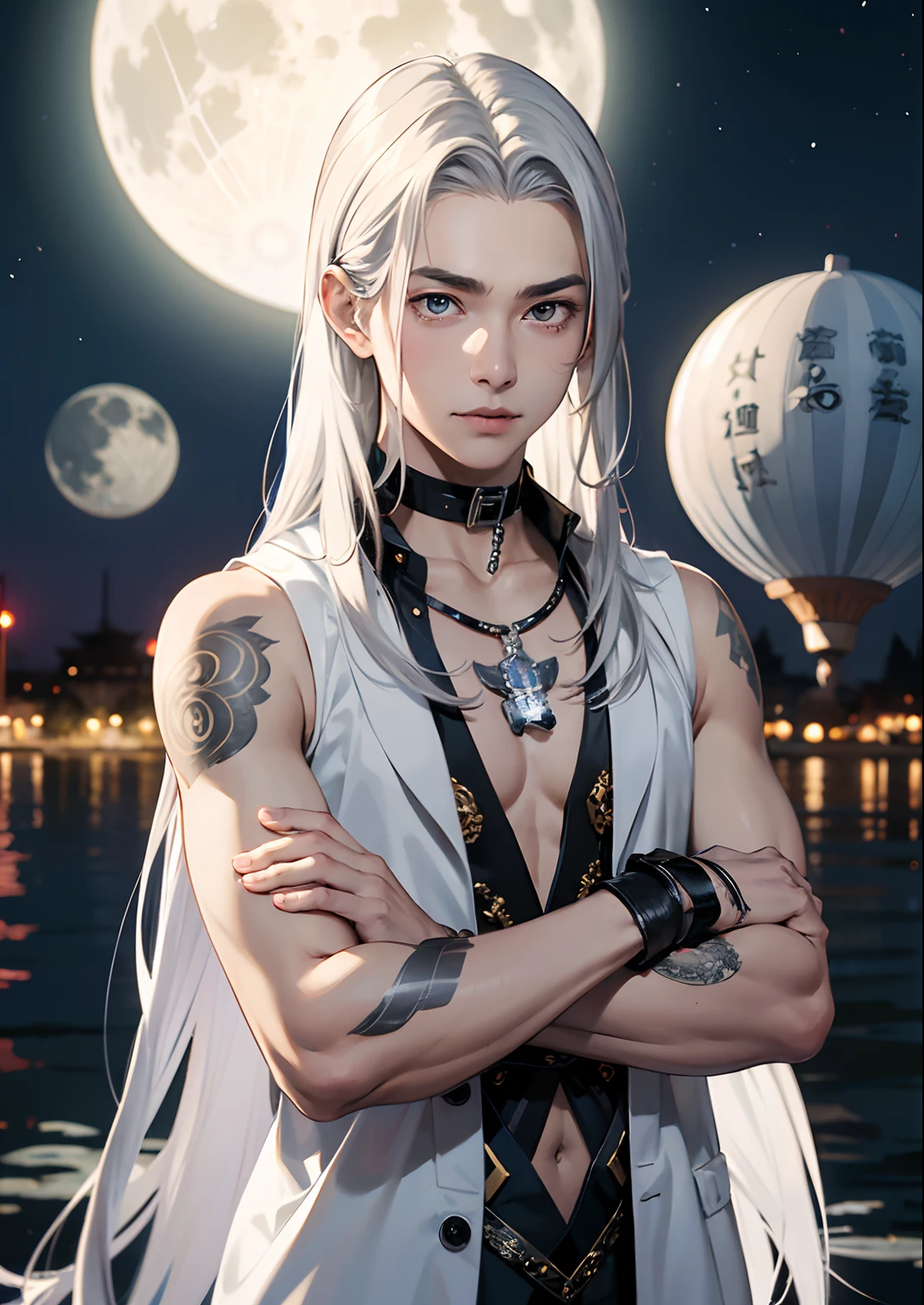 (melhor qualidade)), ((obra-prima)), (altamente detalhado:1.3) a muscular man with pale skin resembling the Naraku (inu-yasha_ A black and gold kimono sitting in a lotus position surrounded by 15 luminous spheres of the most varied colors floating in the night sky with the moon in the background