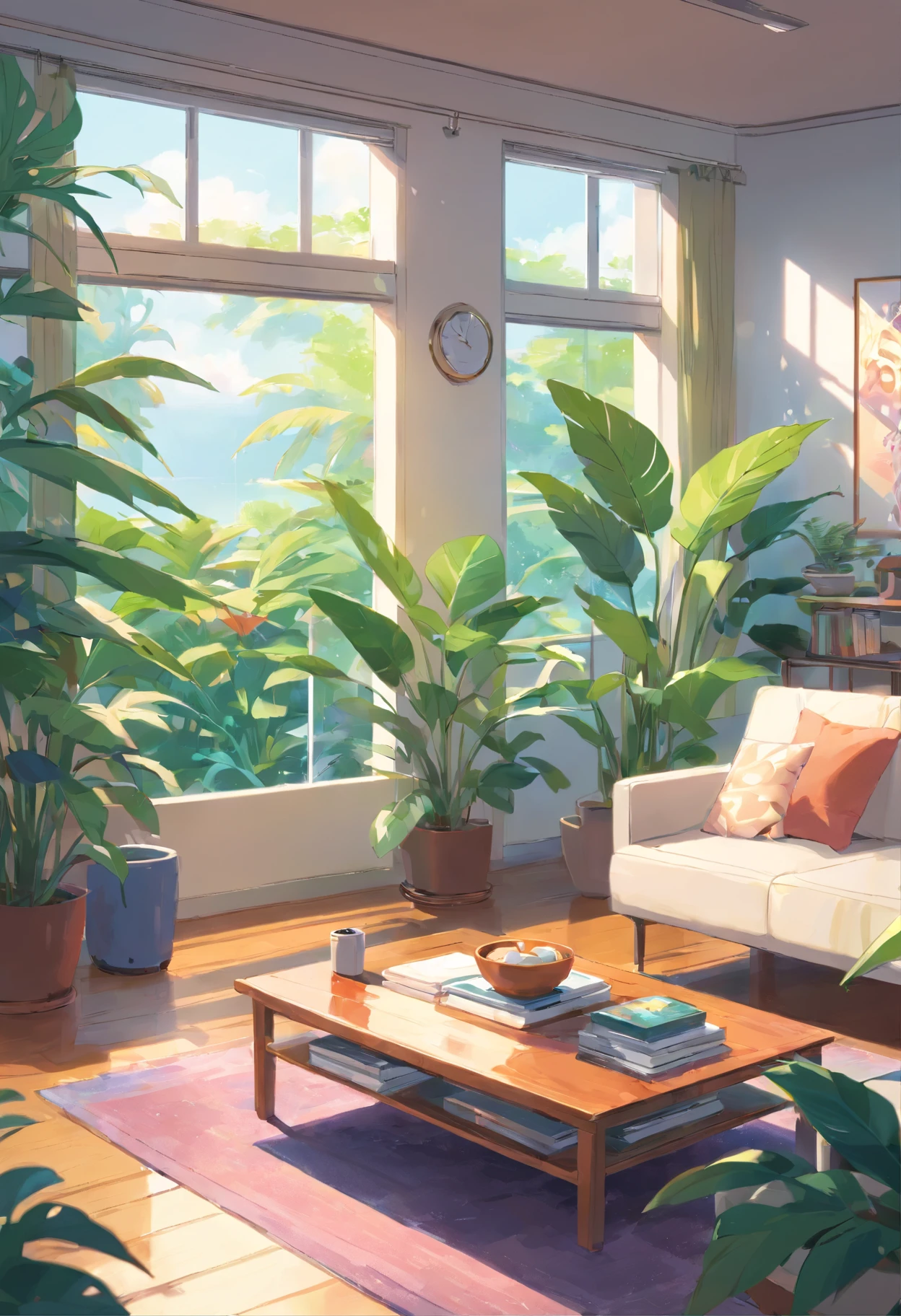 In the large bright living room,carding、Coffee table minimalist style,In the middle is a large pot of white monstera、Ficus chinensis、Tropical plants