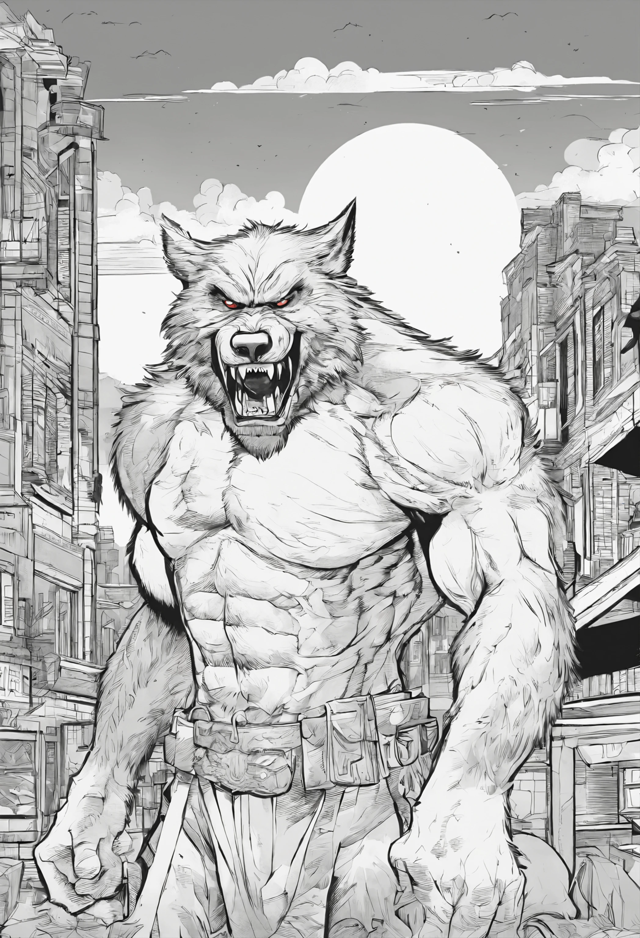 black and white masterpiece of a angry werewolf, simple background of city, line art, heavy outlines, white and black