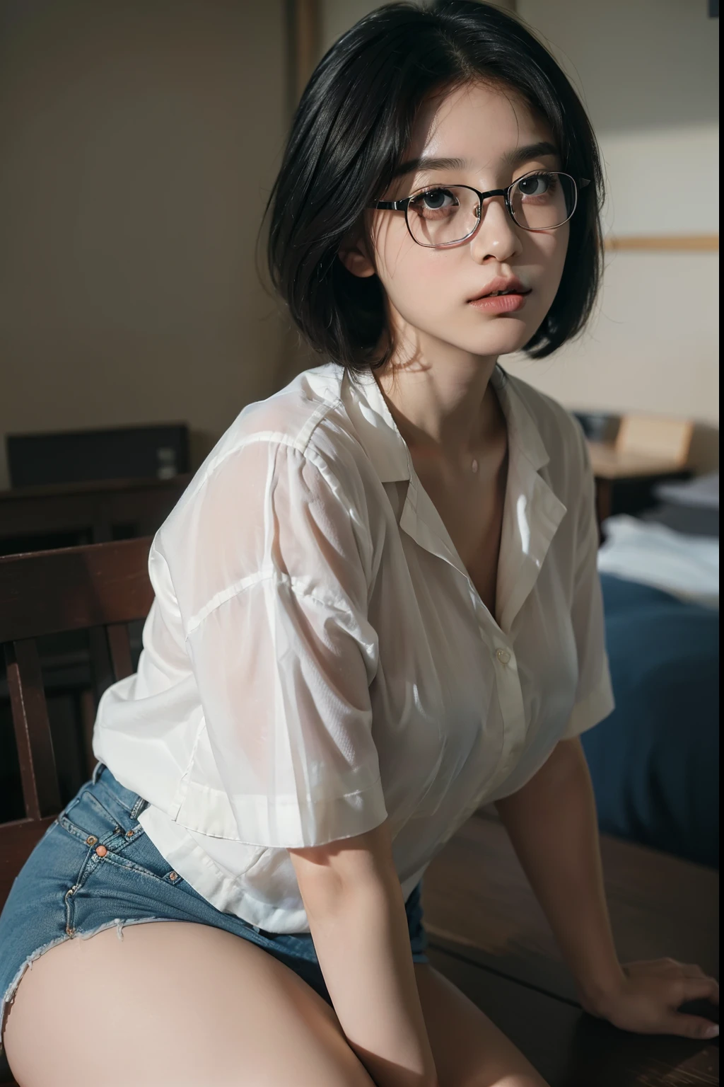 ((top-quality、8K、masterpiece:1.3))、Black-rimmed glasses、A dark-haired、bobhair、hi-school girl、Round face、Plump lips、Colossal tits、thighs thighs thighs thighs、Highly detailed facial and skin texture、A detailed eye、二重まぶた、schools