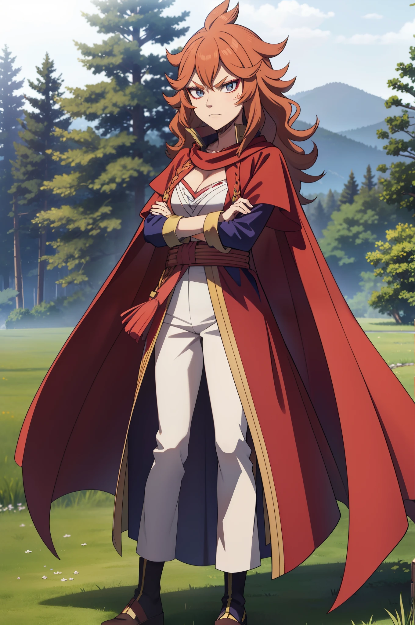 best quality mereoleona, fang, fang out, vivid color, 1girl, full body, standing, from front, crossed arms, looking at viewer, frown, outdoors, forest, meroutfit1 long hair red cape tassel sarashi popped collar white shirt white pants blue coat gold trim red sash cleavage