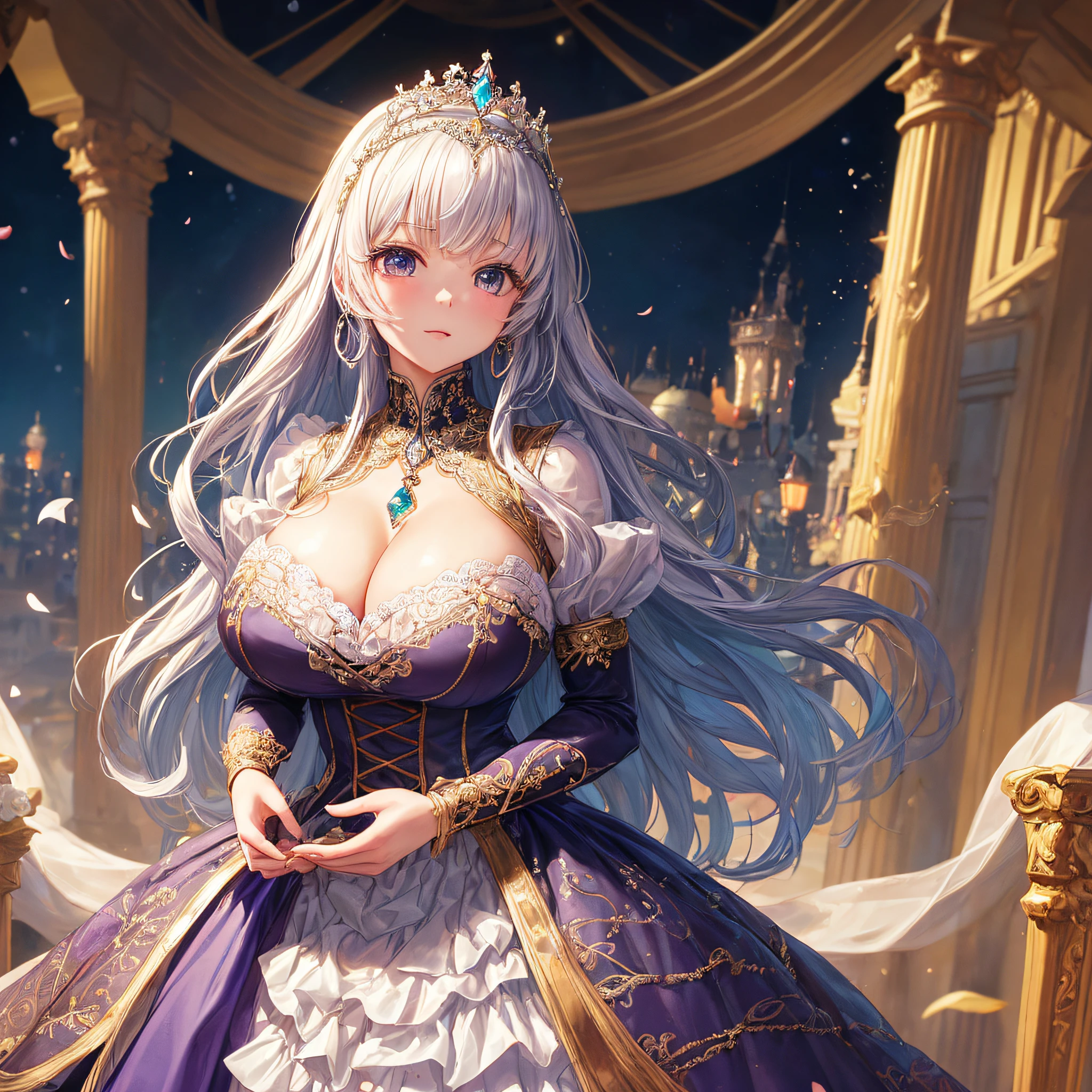 (masterpiece, best quality,extremely detailed,moe anime art style:1.1),1girl, ((solo)), cute, kawaii,digital art,((1 bling-bling anime princess wearing beautiful embroidery and jeweled ruffled gorgeous princess ballgown with voluminous full length hoop skirt)),((crinoline)),long train,voluminous frills,(gorgeous embroidery and beautiful lace),(very gigantic boobs,cleavage,skindentation),((shiny hair,very long straight hair)),((finely detailed face and eyes)),clear pupil,extremely gorgeousfull hair ornament,(bling-bling jeweled extremely gorgeousfull tiara),((bling-bling gorgeous gemstone jewelry)),long veil,((beautiful background,fantasy)),flowers,flower petals flowing,full body,looking away,((beautiful embroidery and jeweled ruffled gorgeous princess ballgown with voluminous full length hoop skirt))