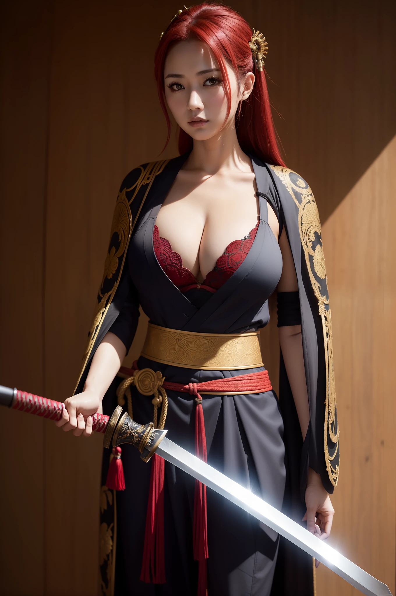 arafed woman in a costume holding a sword and a sword, she is holding a katana sword, very beautiful cyberpunk samurai, female samurai, wearing kimono armor, ornate korean polearm behind her, she is holding a sword, holding a sword on her shoulder, wearing kimono armour, dressed in samurai armour, portrait shot, samurai outfit, ornate cosplay, sexy look, big breast, sexy pose, show breast, light red hair