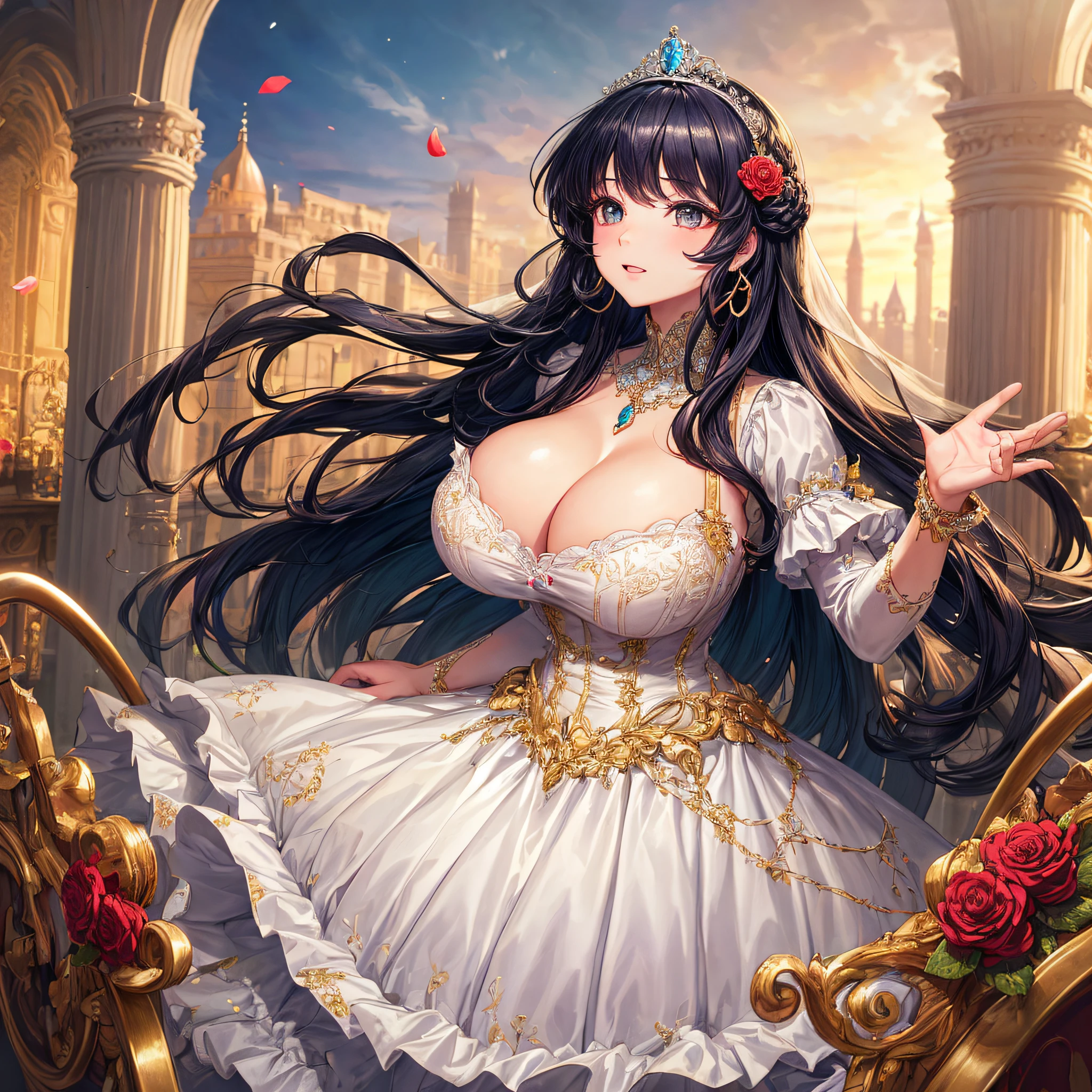 (masterpiece, best quality,extremely detailed,moe anime art style:1.1),1girl, ((solo)), cute, kawaii,digital art,((1 bling-bling anime princess wearing beautiful embroidery and jeweled ruffled gorgeous princess ballgown with voluminous full length hoop skirt)),((crinoline)),long train,voluminous frills,(gorgeous embroidery and beautiful lace),(very gigantic boobs,cleavage,skindentation),((shiny hair,very long straight hair)),((finely detailed face and eyes)),clear pupil,extremely gorgeousfull hair ornament,(bling-bling jeweled extremely gorgeousfull tiara),((bling-bling gorgeous gemstone jewelry)),long veil,((beautiful background,fantasy)),flowers,flower petals flowing,full body,looking away,((beautiful embroidery and jeweled ruffled gorgeous princess ballgown with voluminous full length hoop skirt))