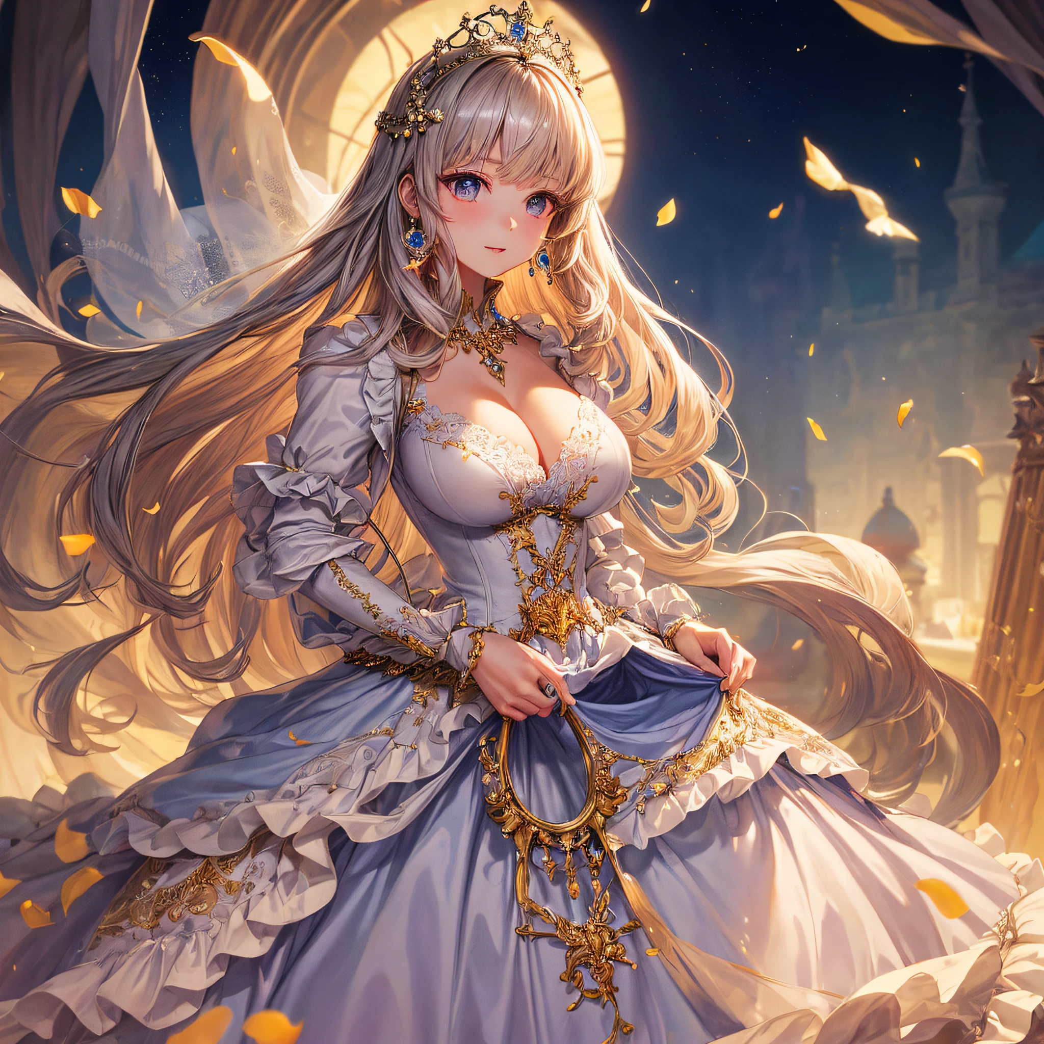 (masterpiece, best quality,extremely detailed,moe anime art style:1.1),1girl, ((solo)), cute, kawaii,digital art,((1 bling-bling anime princess wearing beautiful embroidery and jeweled ruffled gorgeous princess ballgown with voluminous full length hoop skirt)),((crinoline)),long train,voluminous frills,(gorgeous embroidery and beautiful lace),(very gigantic boobs,cleavage,skindentation),((shiny hair,very long straight hair)),((finely detailed face and eyes)),clear pupil,extremely gorgeousfull hair ornament,(bling-bling jeweled extremely gorgeousfull tiara),((bling-bling gorgeous gemstone jewelry)),long veil,((beautiful background,fantasy)),flowers,flower petals flowing,full body,looking away,((beautiful embroidery and jeweled ruffled gorgeous princess ballgown with voluminous full length hoop skirt))