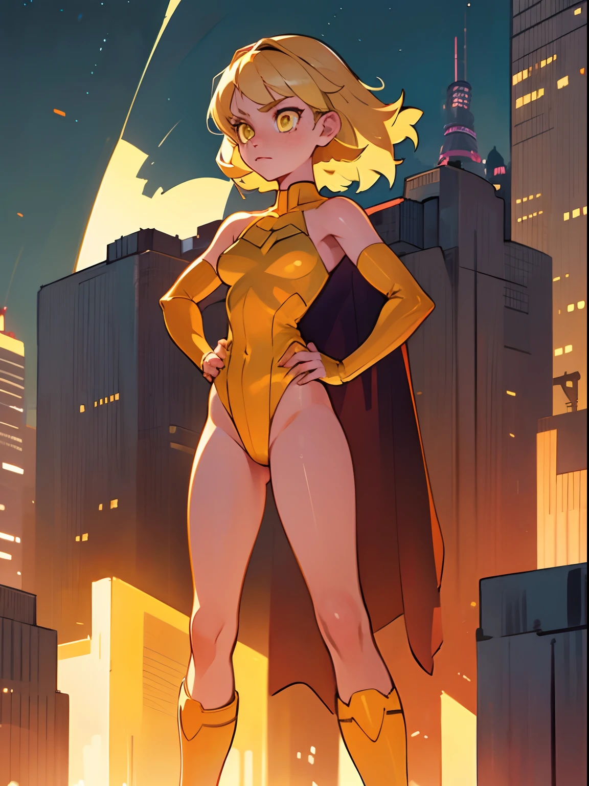 1girl, solo, blonde, yellow eyes, medium hair, superhero, leotard, bare legs, boots, hands on hip, city backdrop