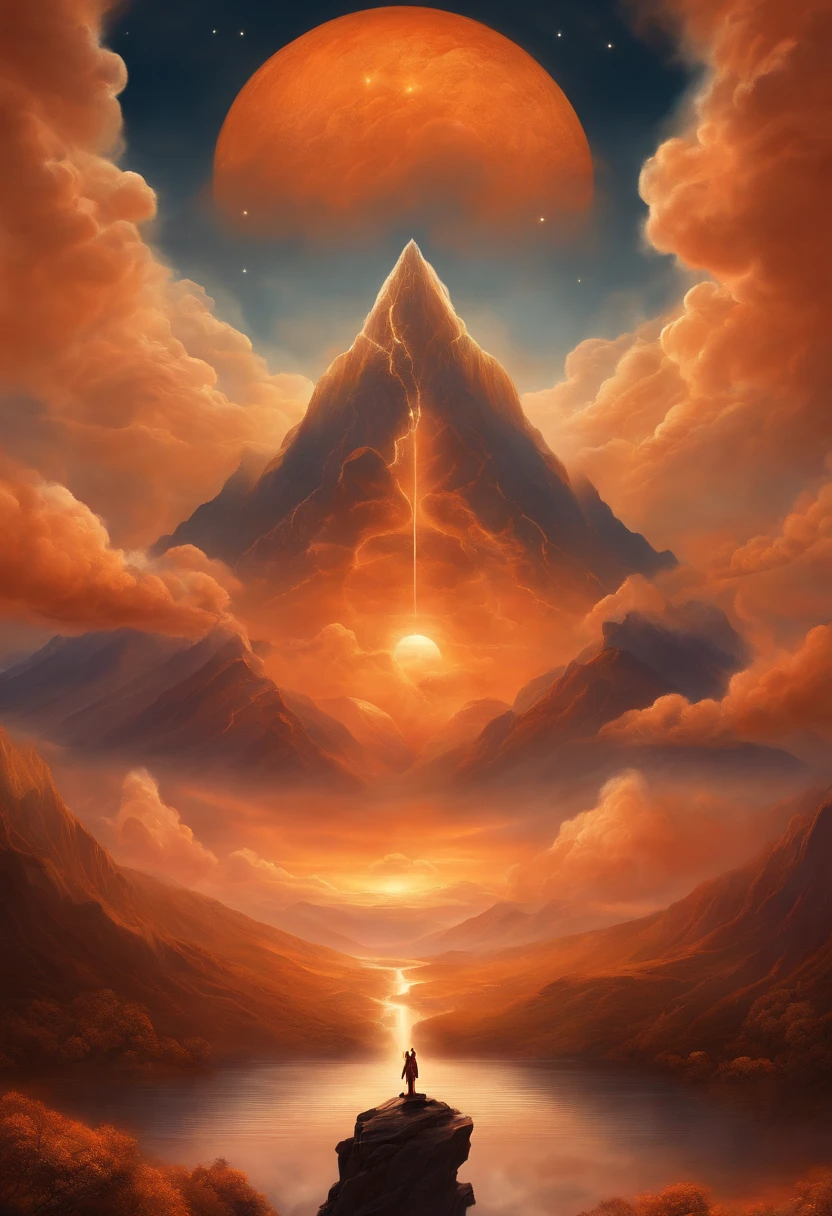 Angelic being without human affections, a creator being of the universe, mythology, In the background of the image, a scenario of heavenly mountains, orange clouds. The style of the image should be in comics, with strong and striking strokes, and mythological and angelic touches on the characters