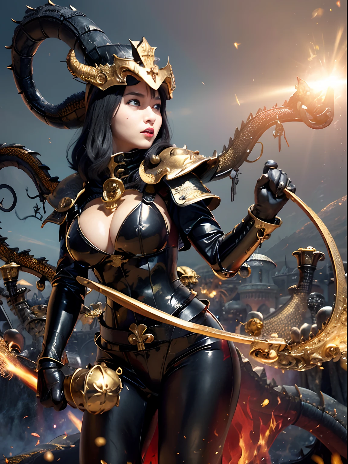 ((World of Darkness)),Professional , ​masterpiece、top-quality、photos realistic , depth of fields 、(((With the legendary magic wand))),（Dragon Black Metal Body:1.４),(latex black-blue、（cleavage of the breast）、Dragon Gold Weapon、(((Particles of light))),（Micro Bikini Armor:1.４),Gorgeous gold weapons ,（Fight dragons）、Seductive look、,Blood on the face,Blood Rain,Blood fog、（blood splattere：1.9)、（（magic circles ）） , (((Wearing a black latex wizard hat))),（demonic wings）   ,Detail and gorgeous crown、（（a blond））、（Castle background）、（（Gangle's forest background））、Beautiful Caucasian beauty、１a person、dynamic ungle,(((Detailed and ornate dragon wizard hat helmet)))、Smaller head、A smile、Castle background、Thin and beautiful female hands、cleavage of the breast、Soldier in iron armor on background、Mystical expression、Light Effects、intense fighting、Wind-effect、magic circles、With the legendary magic wand、Dragon's tail、explosions、