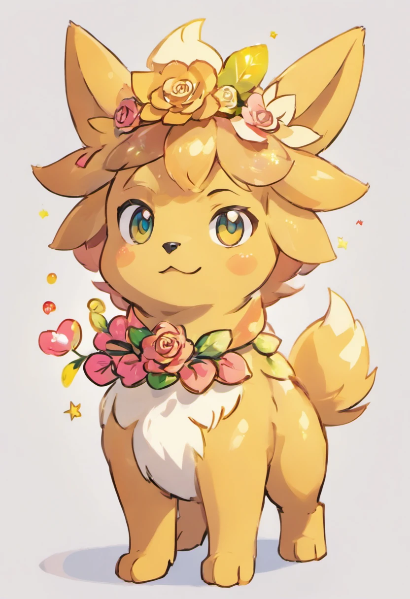 Dog mascot character,
Anthropomorphism,
Upright,
Full body,
Sharp eyes,
Stylish bangs,
Handsome,
Cool,
Big roses on the head,
Sparkles,
Dog,
Deformation,
simple,
simple, cartoonish,