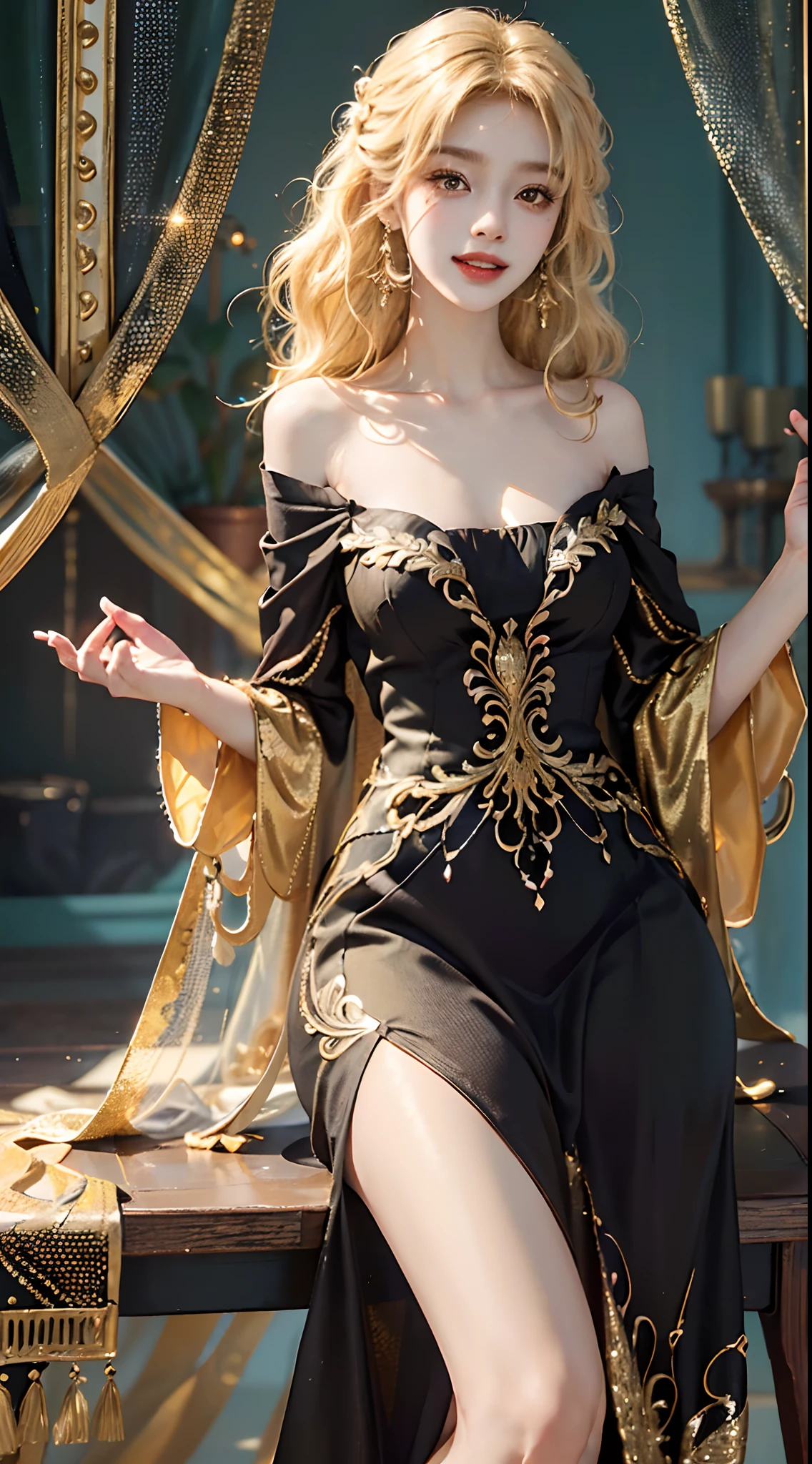 ((full body)), ((from side)), ((realistic)), ((Sit Pose, sittinng on the desk)), ((off shoulder clothes)), inside in room, Detailed scenes, 1girll, looking toward the viewer, (grin, Leaking teeth), Asian model, curlies, Air bangs, Beautiful hair accessories, Brownish-yellow hair,((Black sequined maxi dress)), (warm lights, a warm color palette), Detailed details, ultra-detailliert, (tmasterpiece, best qualtiy), (An extremely delicate and beautiful work), Delicate earrings, Simple blurred background, Extreme detail description, Ultra-fine painting, Delicate face, slim toned body