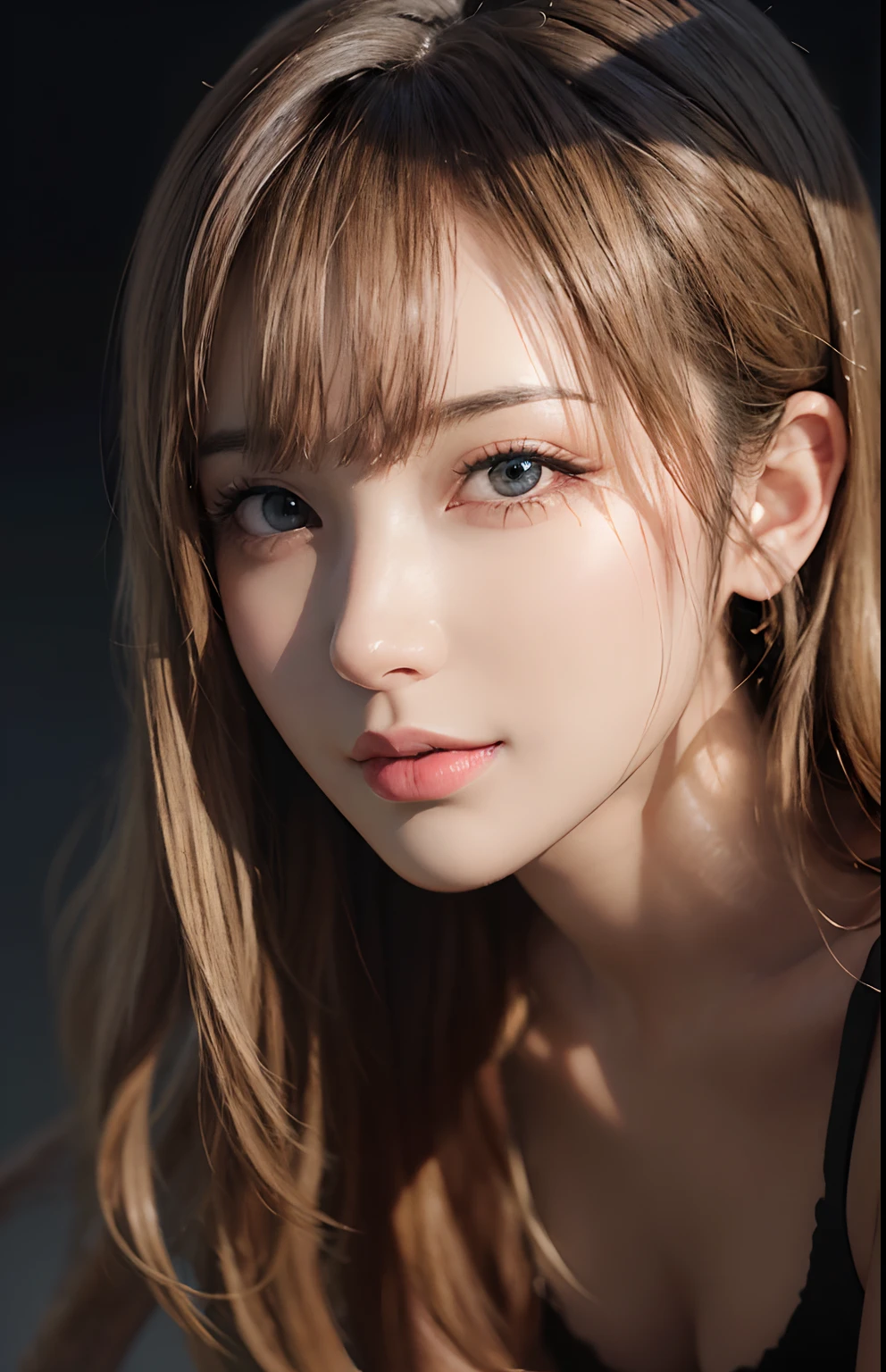 (Ultra Realistic), (Illustration), (High Resolution), (8K), (Very Detailed), (Best Illustration), (Beautiful and Detailed Eyes), (Best Quality), (Ultra Detailed), (Masterpiece), (Wallpaper), (Detailed Face), Solo, One Girl, Viewer, Fine Detail, Detailed Face, In the Dark, Deep Shadows, Low Key, pureerosfaceace_v1, Smile, Long Hair, 46-point oblique bangs, full body, showing legs, blonde god