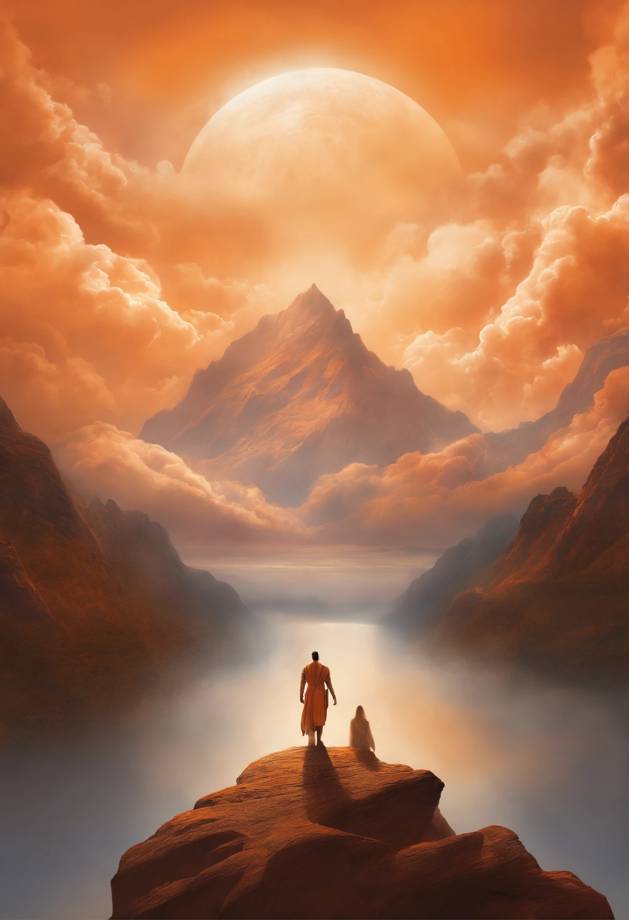 Angelic being without human affections, a creator being of the universe, mythology, In the background of the image, a scenario of heavenly mountains, orange clouds. The style of the image should be in comics, with strong and striking strokes, and mythological and angelic touches on the characters