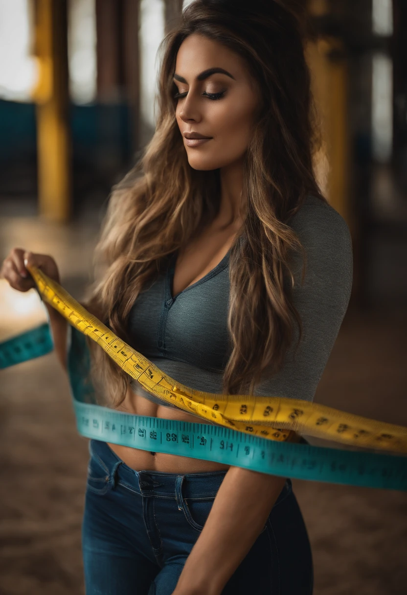 A woman with her belly shows her measuring her own waist circumference with a tape measure