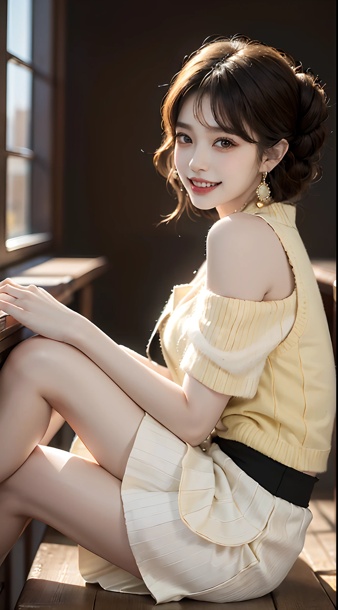 ((full body)), ((from side)), ((realistic)), ((Sit Pose)), ((off shoulder clothes)), inside a classroom, Detailed scenes, 1girll, looking toward the viewer, (grin, Leaking teeth), Asian model, curlies, Air bangs, Beautiful hair accessories, Brownish-yellow hair,((White vest, black short skirt)), (warm lights, a warm color palette), Detailed details, ultra-detailliert, (tmasterpiece, best qualtiy), (An extremely delicate and beautiful work), Delicate earrings, Simple blurred background, Extreme detail description, Ultra-fine painting, Delicate face, slim toned body